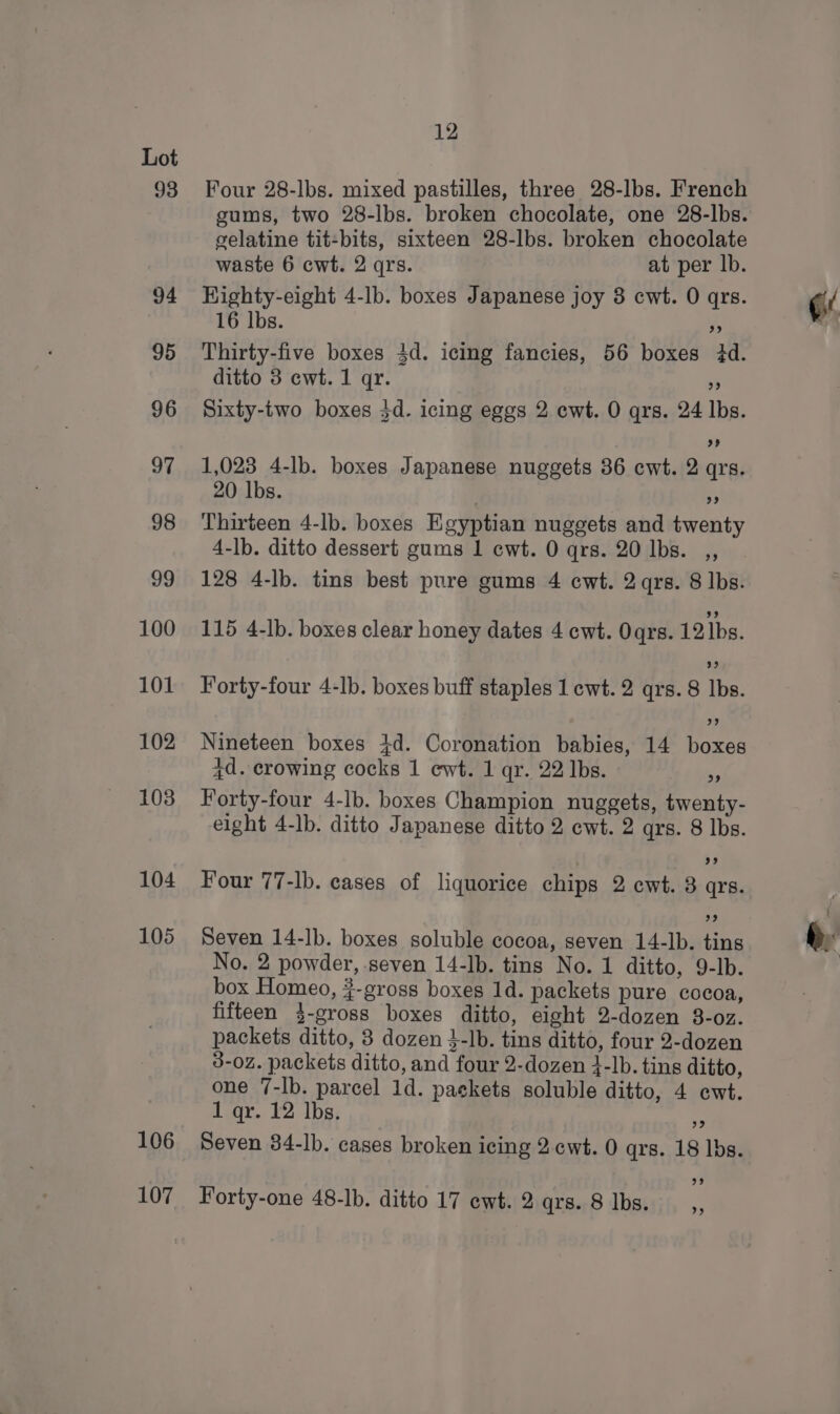 93 94 95 97 98 99 100 102 103 104 105 106 12 Four 28-lbs. mixed pastilles, three 28-lbs. French gums, two 28-lbs. broken chocolate, one 28-lbs. gelatine tit-bits, sixteen 28-lbs. broken chocolate waste 6 cwt. 2 qrs. at per lb. Highty-eight 4-lb. boxes Japanese joy 8 cwt. 0 qrs. 16 lbs. ” Thirty-five boxes 4d. icing fancies, 56 boxes 2d. ditto 3 ewt. 1 qr. 6 1,023 4-lb. boxes Japanese nuggets 36 cwt. 2 qrs. 20 lbs. Ee) Thirteen 4-lb. boxes Egyptian nuggets and twenty 4-lb. ditto dessert gums 1 cwt. 0 qrs. 20 lbs. _,, 128 4-lb. tins best pure gums 4 cwt. 2 qrs. 8 lbs. 115 4-lb. boxes clear honey dates 4 cwt. Oqrs. 12 Ibs. Nineteen boxes 4d. Coronation babies, 14 boxes 4d. crowing cocks 1 ewt. 1 qr. 22 Ibs. Ks Forty-four 4-lb. boxes Champion nuggets, twenty- eight 4-lb. ditto Japanese ditto 2 cwt. 2 qrs. 8 lbs. Four 77-lb. cases of liquorice chips 2 ewt. 8 qrs. Seven 14-Ib. boxes soluble cocoa, seven 14-lb. tins No. 2 powder, seven 14-Ib. tins No. 1 ditto, 9-lb. box Homeo, #-gross boxes 1d. packets pure cocoa, fifteen }-gross boxes ditto, eight 2-dozen 3-oz. packets ditto, 3 dozen 4-lb. tins ditto, four 2-dozen 3-0z. packets ditto, and four 2-dozen +-lb. tins ditto, one 7-lb. parcel 1d. packets soluble ditto, 4 cwt. 1 qr. 12 lbs. » Seven 84-lb. cases broken icing 2 cwt. 0 qrs. 18 lbs. 99 Gi