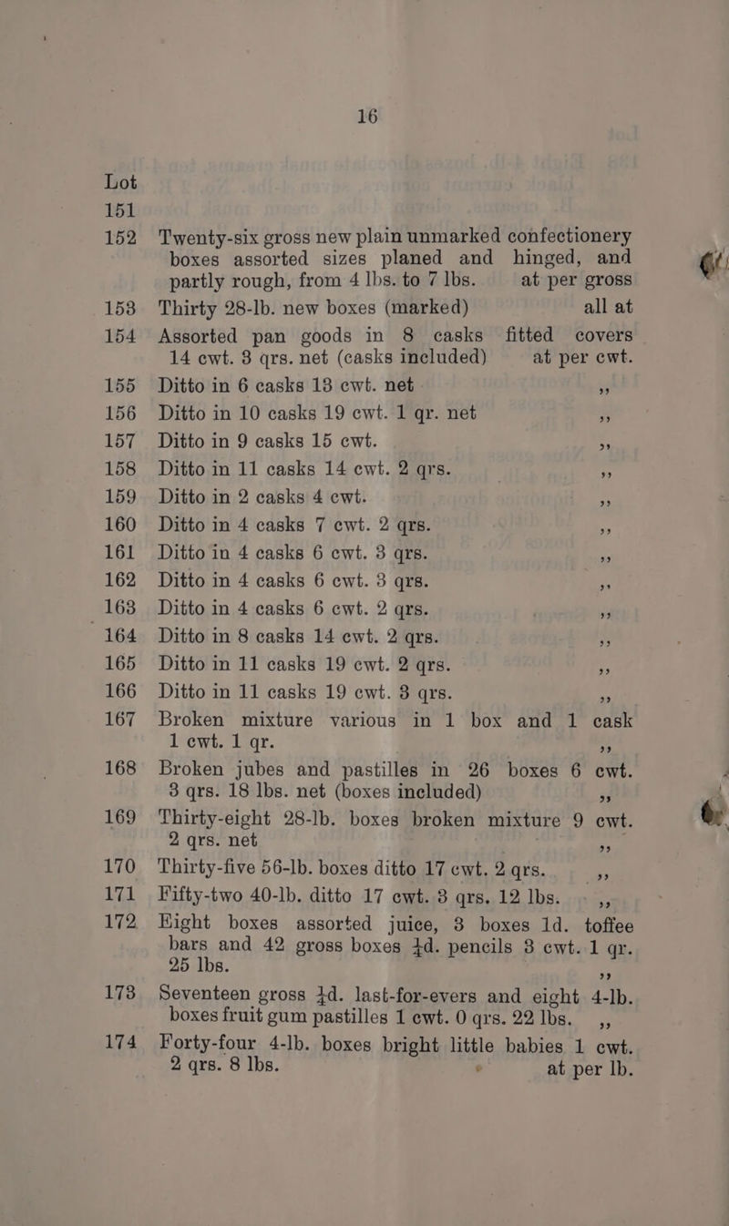151 152 153 154 156 158 159 160 161 162 164 165 167 168 169 170 hid 172. 173 174 16 Twenty-six gross new plain unmarked confectionery boxes assorted sizes planed and hinged, and partly rough, from 4 lbs. to 7 Ibs. at per gross Thirty 28-lb. new boxes (marked) all at Assorted pan goods in 8 casks fitted covers 14 ewt. 8 qrs. net (casks included) at per cwt. Ditto in 10 casks 19 ecwt. 1 qr. net 4 Ditto in 11 casks 14 cwt. 2 qrs. co Ditto in 2 casks 4 ewt. x Ditto in 4 casks 7 cwt. 2 qrs. vi Ditto in 4 casks 6 cwt. 3 qrs. ea Ditto in 4 casks 6 cwt. 3 qrs. ih Ditto in 8 casks 14 ewt. 2 qrs. « Ditto in 11 casks 19 cwt. 2 qrs. Broken mixture various in 1 box and 1 cask 1 cwt. 1 qr. 44 Broken jubes and pastilles in 26 boxes 6 ewt. 3 qrs. 18 lbs. net (boxes included) of Thirty-eight 28-lb. boxes broken mixture 9 ewt. 2 qrs. net ; Thirty-five 56-lb. boxes ditto 17 ewt. 2 qrs. Fifty-two 40-lb. ditto 17 cwt. 8 qrs. 12 lbs. - ,, Hight boxes assorted juice, 8 boxes 1d. toffee bars and 42 gross boxes 4d. pencils 8 cwt. 1 qr. 25 lbs. , es Seventeen gross 4d. last-for-evers and eight 4-lb. boxes fruit gum pastilles 1 ewt. Oqrs. 22 lbs. __,, Forty-four 4-lb. boxes bright little babies 1 ewt. 2 qrs. 8 lbs. . at per lb. 39 <a 6