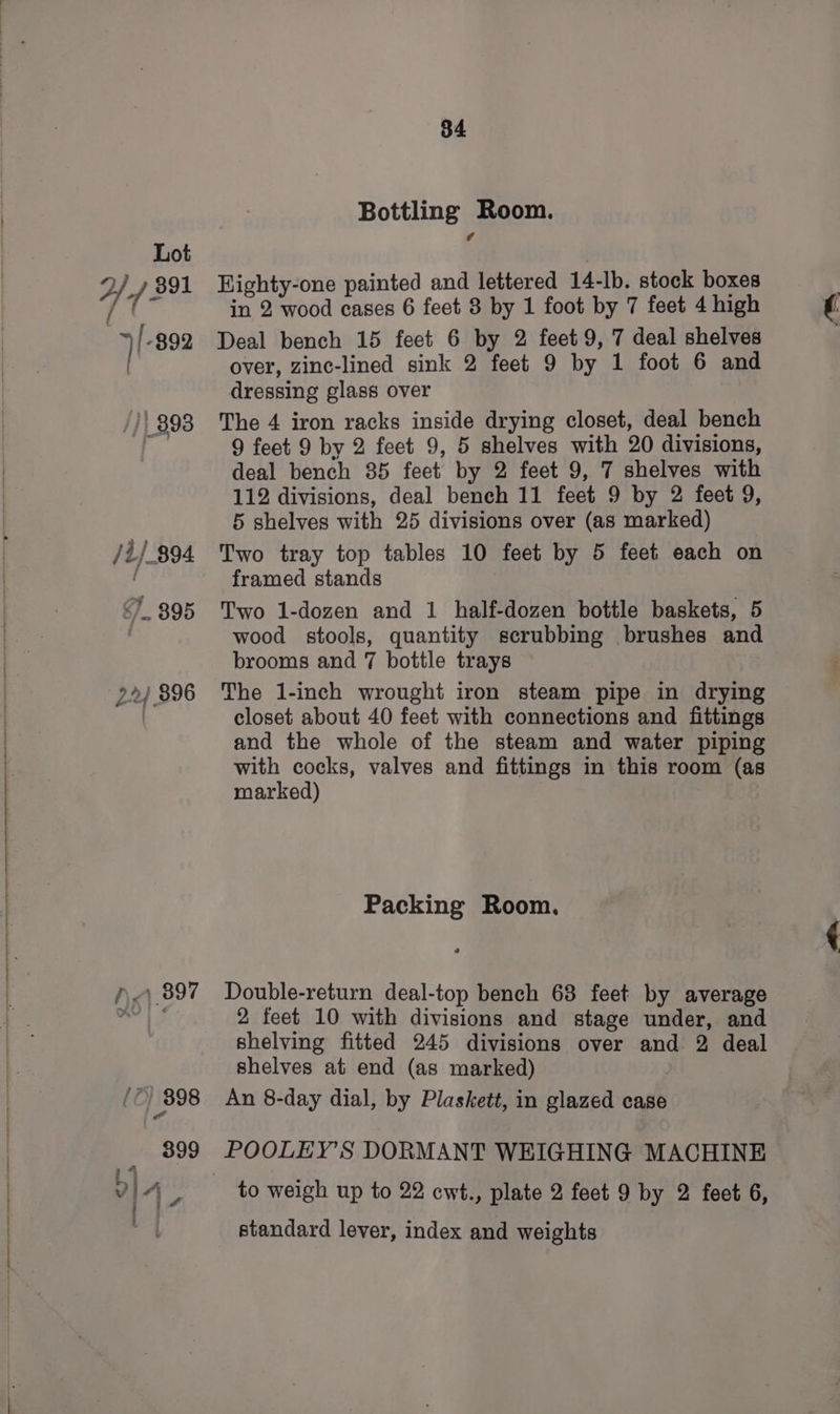 Bottling Room. 2/4 391 Highty-one painted and lettered 14-Ib. stock boxes ae in 2 wood cases 6 feet 8 by 1 foot by 7 feet 4 high yl -892 Deal bench 15 feet 6 by 2 feet 9, 7 deal shelves over, zinc-lined sink 2 feet 9 by 1 foot 6 and dressing glass over /}893 The 4 iron racks inside drying closet, deal bench | 9 feet 9 by 2 feet 9, 5 shelves with 20 divisions, deal bench 85 feet by 2 feet 9, 7 shelves with 112 divisions, deal bench 11 feet 9 by 2 feet 9, 5 shelves with 25 divisions over (as marked) /i/.894 Two tray top tables 10 feet by 5 feet each on ( framed stands “7.395 Two 1-dozen and 1 half-dozen bottle baskets, 5 wood stools, quantity scrubbing brushes and brooms and 7 bottle trays 22) 896 The 1-inch wrought iron steam pipe in drying closet about 40 feet with connections and fittings and the whole of the steam and water piping with cocks, valves and fittings in this room (as marked) Packing Room. 4.897 Double-return deal-top bench 68 feet by average AY f 2 feet 10 with divisions and stage under, and shelving fitted 245 divisions over and 2 deal shelves at end (as marked) [7 398 An 8-day dial, by Plaskett, in glazed case 399 POOLEY’S DORMANT WEIGHING MACHINE 4 i gi i weigh up to 22 cwt., plate 2 feet 9 by 2 feet 6, standard lever, index and weights