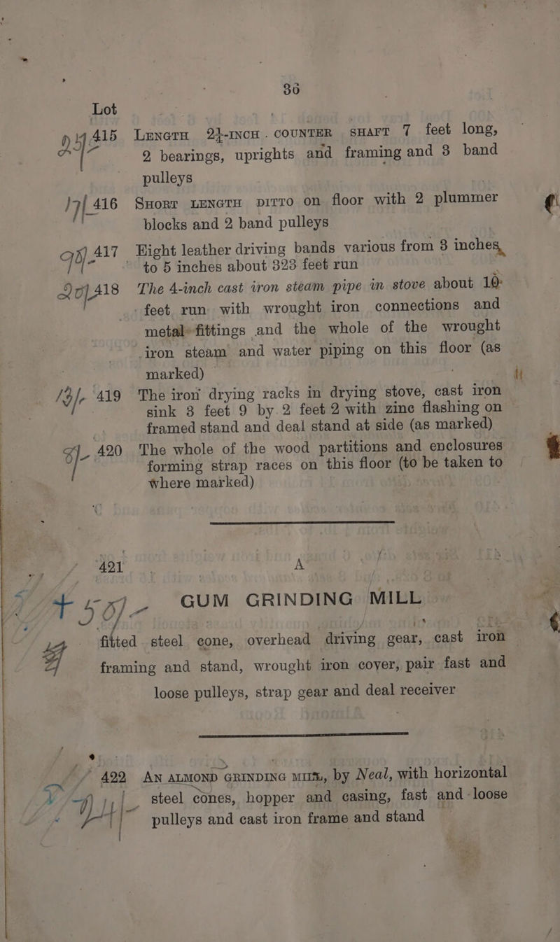 30 DS Al5 Lenern 2%-INCH . COUNTER sHart 7 feet long, 9 bearings, uprights and framing and 8 band pulleys E- )7{ 416 Suort LENGTH pirro on floor with 2 plummer blocks and 2 band pulleys gy At _ Hight leather driving bands various from 8 inches, to 5 inches about 323 feet run Xo }418 The A-inch cast iron steam pipe in stove about 10: feet run with wrought iron connections and metal fittings and the whole of the wrought ‘iron steam’ and water piping on this floor (as ae marked) — | | /3/r ‘419 The iron drying racks in drying stove, cast iron fi fi fay framed stand and deal stand at side (as marked) |. 420 The whole of the wood partitions and enclosures forming strap races on this floor (to be taken to where marked) /- es 401 | A y ee N, GRINDING MILL YY < . « _ fitted steel cone, overhead driving gear, cast iron Ff framing and stand, wrought iron cover, pair fast and loose pulleys, strap gear and deal receiver S | 7 422 AN ALMOND GRINDING MIIm%, by Neal, with horizontal Ye WY | [- steel cones, hopper and casing, fast and loose bf i pulleys and cast iron frame and stand