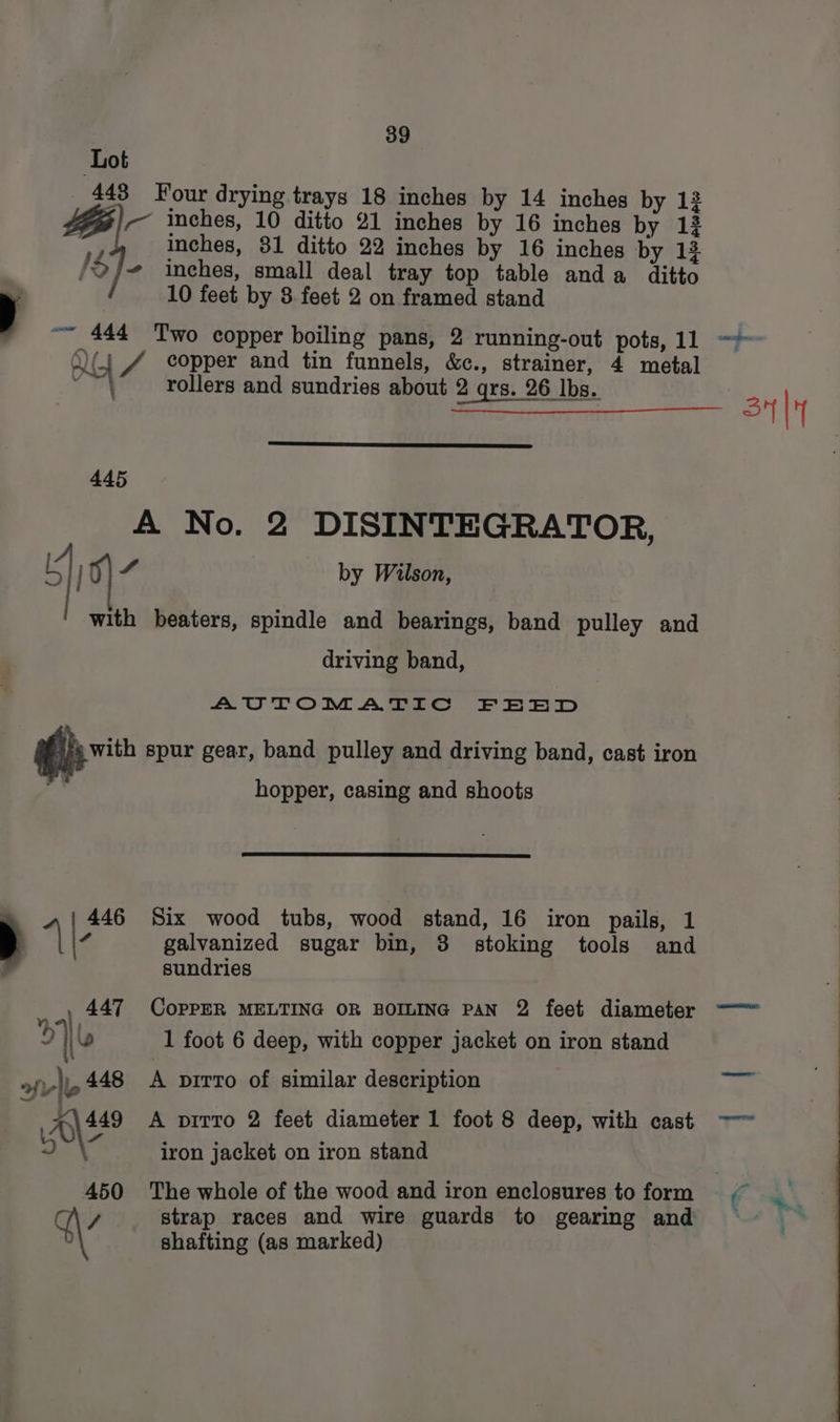 Lot 443 Four drying trays 18 inches by 14 inches by 12 7 inches, 10 ditto 21 inches by 16 inches by 12 , inches, 31 ditto 22 inches by 16 inches by 13 /Q/- inches, small deal tray top table anda ditto y 10 feet by 3 feet 2 on framed stand ~~ 444 Two copper boiling pans, 2 running-out pots, 11 Qu /f copper and tin funnels, &amp;c., strainer, 4 metal ~ M rollers and sundries about 2 qrs. 26 Ibs. 445 A No. 2 DISINTEGRATOR, SH S| 7 by Wilson, with beaters, spindle and bearings, band pulley and driving band, AUTOMATIC FEED frie spur gear, band pulley and driving band, cast iron hopper, casing and shoots 446 Six wood tubs, wood stand, 16 iron pails, 1 ‘ 4\|4 galvanized sugar bin, 3 stoking tools and sundries we 447 CopPER MELTING OR BOILING PAN 2 feet diameter 9 || 1 foot 6 deep, with copper jacket on iron stand ave 448 <A pirto of similar description 449 <A pvirro 2 feet diameter 1 foot 8 deep, with cast iron jacket on iron stand 450 The whole of the wood and iron enclosures to form / strap races and wire guards to gearing and 4\ shafting (as marked) 34|y ee — Po