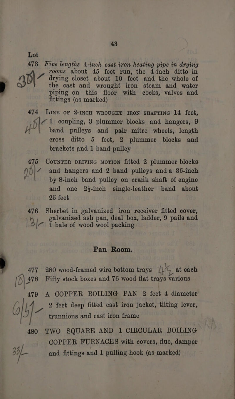 Lot 473 Five lengths 4-inch cast iron heating pipe in drying rooms about 45 feet run, the 4-inch ditto in  ap\7 drying closet about 10 feet and the whole of ] the cast and wrought iron steam and water piping on this floor with cocks, valves and fittings (as marked) 474 LINE oF 2-INCH WROUGHT IRON sHaFrTiING 14 feet, 1b|< 1 coupling, 3 plummer blocks and hangers, 9 hi~\ band pulleys and pair mitre wheels, length cross ditto 5 feet, 2 plummer blocks and brackets and 1 band pulley 475 CouNTER DRIvING motion fitted 2 plummer blocks Nb and hangers and 2 band pulleys anda 36-inch . by 8-inch band pulley on crank shaft of engine and one 23-inch single-leather band about 25 feet 476 Sherbet in galvanized iron receiver fitted cover, fl galvanized ash pan, deal box, ladder, 9 pails and | l- 1 bale of wood wool packing» | Pan Room. ’ ‘ 477 280 wood-framed wire bottom trays he at each [ D| 478 Fifty stock boxes and 76 wood flat trays various 479 A COPPER BOILING PAN 2 feet 4 diameter ad 2 feet deep fitted cast iron jacket, tilting lever, () it ett 480 TWO SQUARE AND 1 CIRCULAR BOILING COPPER FURNACES with covers, flue, damper ie and fittings and 1 pulling hook (as marked) trunnions and cast iron frame