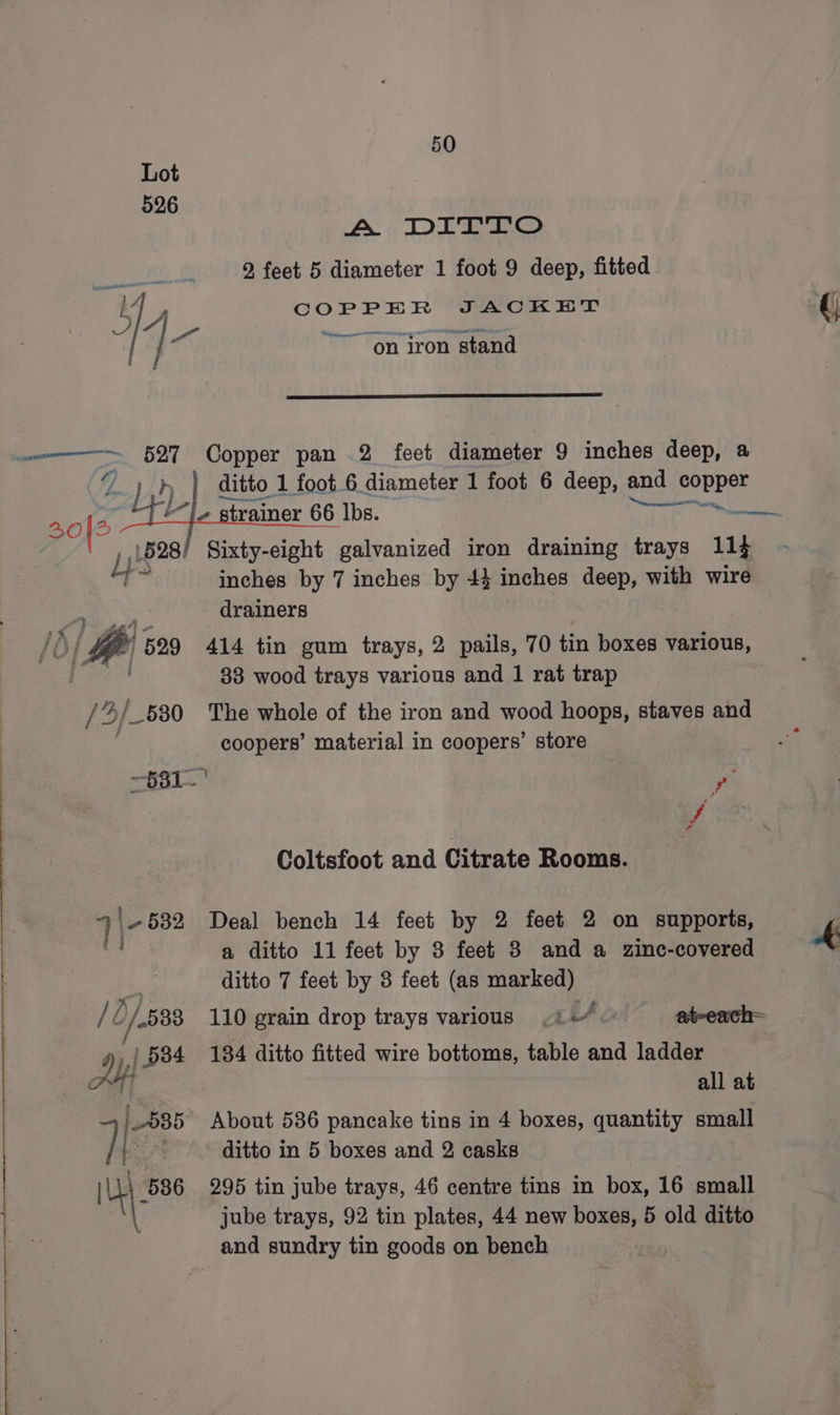 Lot 526 A DITTO ‘ee 2 feet 5 diameter 1 foot 9 deep, fitted Ly COPPER JACKET D4 “eee | | on iron stand eo — G27 | 528) / ),,) 584 Ay? SUERTE ditto 1 foot 6 diameter 1 foot 6 deep, and copper Sixty-eight galvanized iron draining trays 113 inches by 7 inches by 44 inches deep, with wire drainers 414 tin gum trays, 2 pails, 70 tin boxes various, 38 wood trays various and 1 rat trap The whole of the iron and wood hoops, staves and coopers’ material in coopers’ store Coltsfoot and Citrate Rooms. Deal bench 14 feet by 2 feet 2 on supports, a ditto 11 feet by 8 feet 3 and a zinc-covered ditto 7 feet by 8 feet (as marked) 110 grain drop trays various .1+/. at-each— 134 ditto fitted wire bottoms, table and ladder all at About 586 pancake tins in 4 boxes, quantity small ditto in 5 boxes and 2 casks 295 tin jube trays, 46 centre tins in box, 16 small jube trays, 92 tin plates, 44 new boxes, 5 old ditto and sundry tin goods on bench (