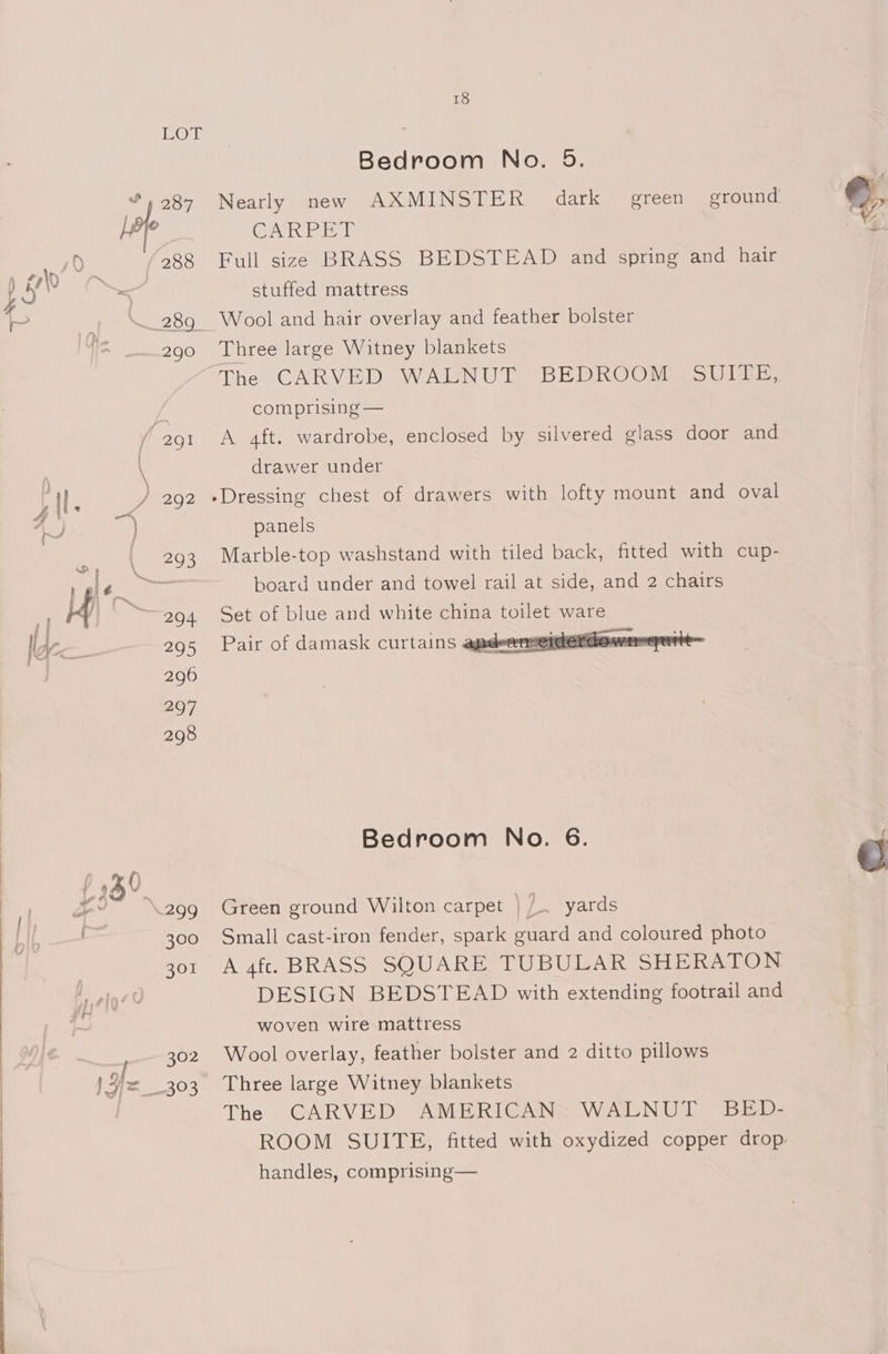18 LOG ; Bedroom No. 5. leper Nearly new AXMINSTER dark green ground .. GAK EE sQ 288 Full size BRASS BEDSTEAD and spring and hair y cae ee stuffed mattress y: | a \— 289 Wool and hair overlay and feather bolster 290 Three large Witney blankets The CARVED WALNUT BEDROOM SUITE, comprising — / 291 A aft. wardrobe, enclosed by silvered glass door and p \ drawer under Lil. By 292 »Dressing chest of drawers with lofty mount and oval gt panels # 293 Marble-top washstand with tiled back, fitted with cup- 1 pe <r board under and towel rail at side, and 2 chairs lH ~294 Set of blue and white china toilet ware —s- ; 4 ~ 7 lace. 295 Pair of damask curtains @gaceensenciere Bedroom No. 6. \.299 Green ground Wilton carpet |). yards g ! 300 Small cast-iron fender, spark guard and coloured photo 301 A 4fc. BRASS SQUARE TUBULAK SHERATON DESIGN BEDSTEAD with extending footrail and woven wire mattress | 302 Wool overlay, feather bolster and 2 ditto pillows !3J=__303 Three large Witney blankets | The CARVED AMERICAN WALNUT BED- ROOM SUITE, fitted with oxydized copper drop: handles, comprising—
