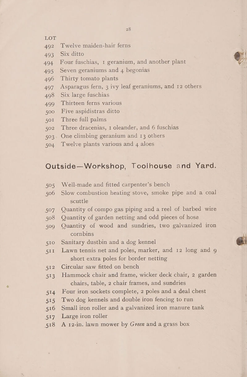 492 493 494 495 496 497 498 499 500 501 502 503 504 28 Twelve maiden-hair ferns Six ditto Four fuschias, 1 geranium, and another plant Seven geraniums and 4 begonias Thirty tomato plants Asparagus fern, 3 ivy leaf geraniums, and 12 others Six large fuschias Thirteen ferns various Five aspidistras ditto Three full palms Three dracenias, 1 oleander, and 6 fuschias One climbing geranium and 13 others Twelve plants various and 4 aloes 595 506 pO7 508 599 510 511 512 Das 514 315 516 517 518 Well-made and fitted carpenter’s bench Slow combustion heating stove, smoke pipe and a coal scuttle Quantity of compo gas piping and a reel of barbed wire Quantity of garden netting and odd pieces of hose Quantity of wood and sundries, two galvanized iron cornbins Sanitary dustbin and a dog kennel Lawn tennis net and poles, marker, and 12 long and 9g short extra poles for border netting Circular saw fitted on bench Hammock chair and frame, wicker deck chair, 2 garden chairs, table, 2 chair frames, and sundries Four iron sockets complete, 2 poles and a deal chest Two dog kennels and double iron fencing to run Small iron roller and a galvanized iron manure tank Large iron roller A 12-in. lawn mower by Green and a grass box