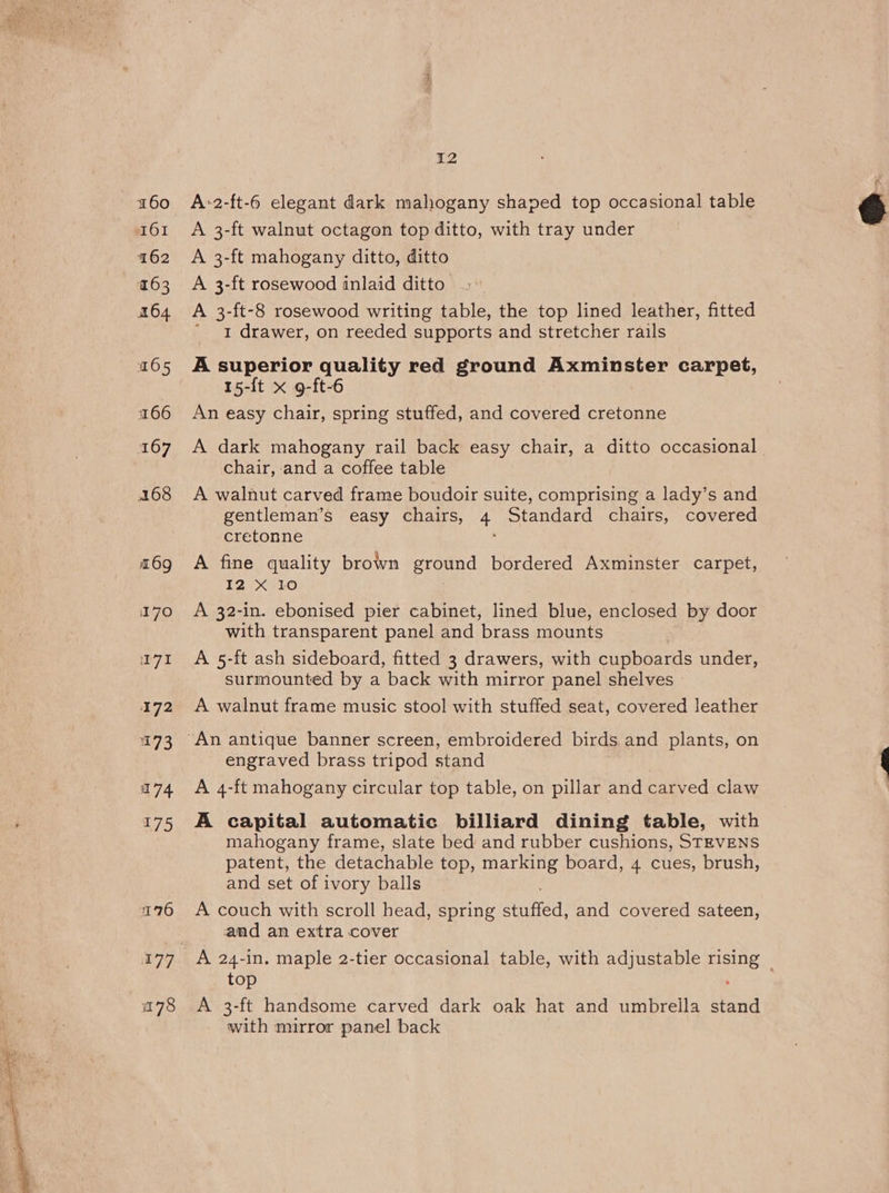 A-2-ft-6 elegant dark mahogany shaped top occasional table A 3-ft walnut octagon top ditto, with tray under A 3-ft mahogany ditto, ditto A 3-ft rosewood inlaid ditto >. A 3-ft-8 rosewood writing table, the top lined leather, fitted ‘1 drawer, on reeded supports and stretcher rails A superior quality red ground Axminster carpet, 15-[t x 9-ft-6 An easy chair, spring stuffed, and covered cretonne A dark mahogany rail back easy chair, a ditto occasional. chair, and a coffee table A walnut carved frame boudoir suite, comprising a lady’s and gentleman’s easy chairs, a: SnAe chairs, covered cretonne A fine quality brown ground bordered Axminster carpet, I2 X 10 A 32-in. ebonised pier cabinet, lined blue, enclosed by door with transparent panel and brass mounts A 5-ft ash sideboard, fitted 3 drawers, with cupboards under, surmounted by a back with mirror panel shelves © A walnut frame music stool with stuffed seat, covered leather engraved brass tripod stand A 4-ft mahogany circular top table, on pillar and carved claw A capital automatic billiard dining table, with mahogany frame, slate bed and rubber cushions, STEVENS patent, the detachable top, marking board, 4 cues, brush, and set of ivory balls A couch with scroll head, spring Baad: and covered sateen, and an extra cover A 24-in, maple 2-tier occasional table, with adjustable rising top 3 A 3-ft handsome carved dark oak hat and umbreila stand with mirror panel back