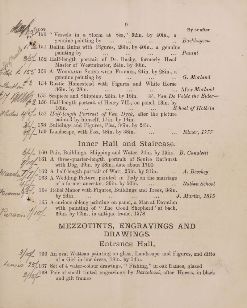 By or after 150 ‘Vessels in a Storm at Sea,’’ 52in. by AOin., a Xt genuine painting by... ... Backhuysen 151 Italian Ruins with Figures, 98in. by 40in, .» &amp; genuine painting by .. Panine abd 152 Half-leneth portrait oe Dr. Bae pened Head gt Master of Westminster, 24in. by 30in. Nyy 1s 153 A Woopuanp ScENE WITH ee 24in. by 28in., a genuine painting by .. G. Morland he bo, #: $ 154 Rustic Homestead with Peano and White Horse 36in. by 28in. . After Morland t/ ‘Yi My. 155 Seapiece and Shipping, 23in. by iain, W, Van Ae Valle the Elder— /, 4 / f pa 156 Half-length portrait of Henry VII., on panel, 18in. by 10in. School of Holbein Mtns 4 ey. e 157 Half-length Portrait of Van Dy ck, after the picture am painted by himself, 17in. by 14in. Vy, 158 Buildings and Ficures, Pisa, 86in. by 24in. $f Z. 159 Landscape, with ins, 48in. by 38in. ade vie lmen, L007 | Inner:*Hall aed: Staircase. kh ~- 160 Pair, Buildings, Shipping and Water, 24in. by 1din.. B. Canaletti af 1 A three-quarter-length portrait of Squire Bathurst Y? with Dog, 40in. by 48in., date about 1700 hy eiead, ATH 162 A half-length portrait of Watt, 25in. by 31in,. .. A, Beechey 163 A Wedding Picture, painted in Italy on the marriage of a former ancestor, 36in. by 50in. me ... Italian School Jy We 164 Itchel Manor with 8 isis a | and Trees, 36in. ern? by 24s... we J. Martin, 1815 * 165 A curious oblong amine. on panel a Man at Devotion 2 : . with painting of ‘“‘ The Good Shepherd”’ at back, ! WlADr~ W/ Lol, $6in. by 12in., in antique frame, 1578 Lot MEZZOTINTS, ENGRAVINGS AND DRAWINGS. | : Entrance Hall. Hae, 166 An oval Watteau painting on glass, Landscape and Figures, and ditto f of a Girl in low dress, 18in. by ]4in. ’ é Arevreo 2 yi 167 Set of 4 water-colour drawings, ‘‘ Fishing,” in oak frames, glazed hy} /168 Pair of small tinted engravings by Bartolozzt, after Howes, in black ag and gilt frames