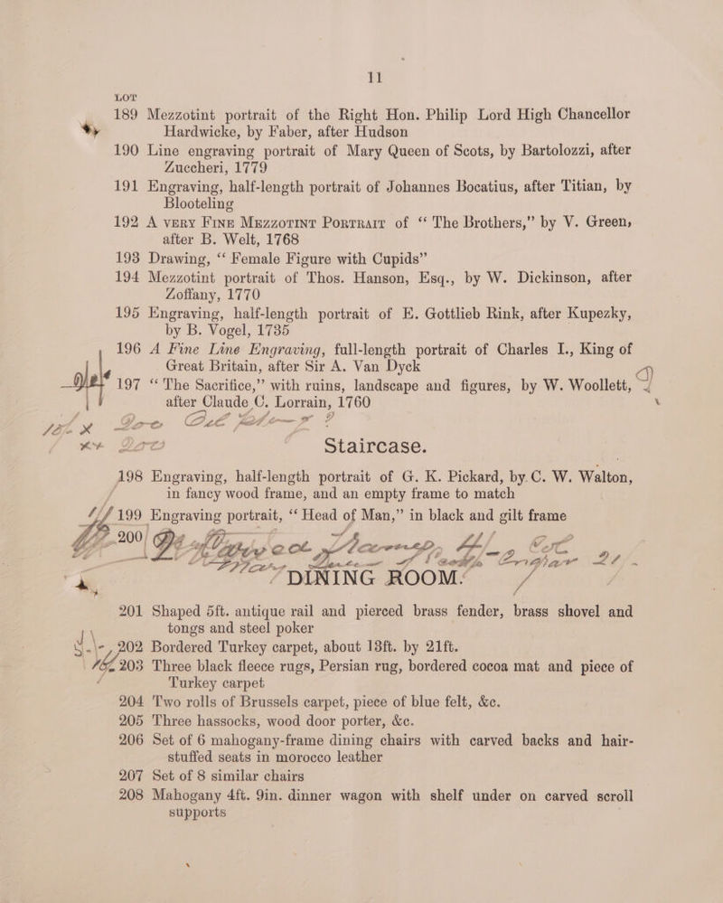 LOT 189 Mezzotint portrait of the Right Hon. Philip Lord High Chancellor ty Hardwicke, by Faber, after Hudson 190 Line engraving portrait of Mary Queen of Scots, by Bartolozzi, after ZLuccheri, 1779 191 Engraving, half-length portrait of Johannes Bocatius, after Titian, by Blooteling 192 A very Finz Mezzorint Porrrarr of ‘‘ The Brothers,” by V. Green, after B. Welt, 1768 193 Drawing, ‘“‘ Female Figure with Cupids” 194 Mezzotint portrait of Thos. Hanson, Esq., by W. Dickinson, after Zoffany, 1770 195 Engraving, half-length portrait of E. Gottlieb Rink, after Kupezky, by B. Vogel, 1735 196 A Fine Line Engraving, full-length portrait of Charles I., King of AC Great Britain, after Sir A. Van Dyck me oe C. TE 1760 a” 9 xv Doe Staircase. A98 Engraving, half-length portrait of G. K. Pickard, by.C. W. Walid: j in fancy wood frame, and an empty frame to match {f 199 aes portrait, ‘* Head of Man,” in black and gilt frame  ” Fs om Wee ee £ e f 4 am, ‘ ; ee OR gee Sn vi DZ. a wt € CP om (a fea a ‘an + DINING ROOM. M4 Ok | 201 Shaped 5ft. antique rail and pierced brass fender, brass shovel and tongs and steel poker 202 Bordered Turkey carpet, about 13ft. by 21ft. 7 203 Three black fleece rugs, Persian rug, bordered cocoa mat and piece of Turkey carpet 204 ‘Two rolls of Brussels carpet, piece of blue felt, &amp;c. 205 Three hassocks, wood door porter, &amp;c. 206 Set of 6 mahogany-frame dining chairs with carved backs and hair- stuffed seats in morocco leather 207 Set of 8 similar chairs 208 Mahogany 4ft. 9in. dinner wagon with shelf under on carved scroll supports V