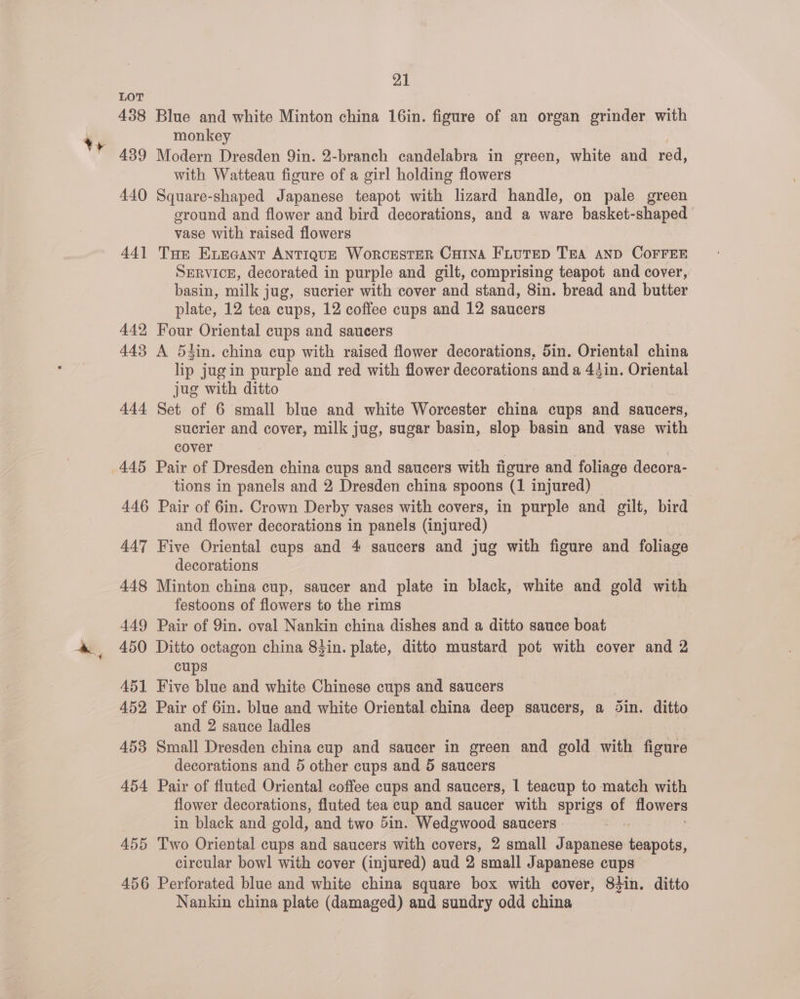vy 438 Blue and white Minton china 16in. figure of an organ grinder with monkey 439 Modern Dresden Qin. 2-branch candelabra in green, white and red, with Watteau figure of a girl holding flowers 440 Square-shaped Japanese teapot with lizard handle, on pale green ground and flower and bird decorations, and a ware basket-shaped vase with raised flowers 44] Tue Evecant ANTIQUE WoRCcESTER CHINA FLUTED TEA AND COFFEE SERVICE, decorated in purple and gilt, comprising teapot and cover, basin, milk jug, sucrier with cover and stand, 8in. bread and butter plate, 12 tea cups, 12 coffee cups and 12 saucers 442 Four Oriental cups and saucers 443 A 53in. china cup with raised flower decorations, 5in. Oriental ohne lip jug in purple and red with flower decorations and a 43in. Oriental jug with ditto 444 Set of 6 small blue and white Worcester china cups and saucers, sucrier and cover, milk jug, sugar basin, slop basin and vase with cover tions in panels and 2 Dresden china spoons (1 injured) 446 Pair of 6in. Crown Derby vases with covers, in purple and gilt, bird and flower decorations in panels (injured) 447 Five Oriental cups and 4 saucers and jug with figure and foliage decorations 448 Minton china cup, saucer and plate in black, white and gold with festoons of flowers to the rims | 449 Pair of 9in. oval Nankin china dishes and a ditto sauce boat 450 Ditto octagon china 8tin. plate, ditto mustard pot with cover and 2 cups 451 Five blue and white Chinese cups and saucers 452 Pair of 6in. blue and white Oriental china deep saucers, a Sin. ditto and 2 sauce ladles 453 Small Dresden china cup and saucer in green and gold with figure decorations and 5 other cups and 5 saucers 454 Pair of fluted Oriental coffee cups and saucers, 1 teacup to match with flower decorations, fluted tea cup and saucer with sprigs of flowers in black and gold, and two 5in. Wedgwood saucers 455 Two Oriental cups and saucers with covers, 2 small Japanese heecis: circular bowl with cover (injured) aud 2 ‘small J apanese cups 456 Perforated blue and white china square box with cover, 84in. ditto Nankin china plate (damaged) and sundry odd china