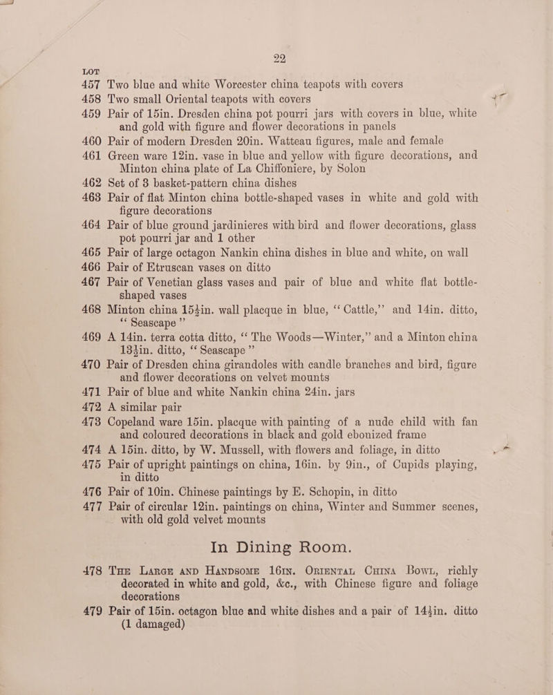 457 458 459 460 461 462 463 464 465 466 467 468 469 22, Two blue and white Worcester china teapots with covers Two small Oriental teapots with covers Pair of 15in. Dresden china pot pourri jars with covers in blue, white and gold with figure and flower decorations in panels Pair of modern Dresden 20in. Watteau figures, male and female Green ware 12in. vase in blue and yellow with figure decorations, and Minton china plate of La Chiffoniere, by Solon Set of 3 basket-pattern china dishes Pair of flat Minton china bottle-shaped vases in white and gold with figure decorations Pair of blue ground jardinieres with bird and flower decorations, glass pot pourri jar and 1 other Pair of large octagon Nankin china dishes in blue and white, on wall Pair of Ktruscan vases on ditto Pair of Venetian glass vases and pair of blue and white flat bottle- shaped vases Minton china 154in. wall placque in blue, ‘‘ Cattle,’ and 14in. ditto, ‘* Seascape ”’ A 14in. terra cotta ditto, ‘‘ The Woods—Winter,” and a Minton china 134in. ditto, ‘* Seascape ”’ 471 472 473 474 ATS 476 ATT +78 479 and flower decorations on velvet mounts Pair of blue and white Nankin china 24in. jars A similar pair Copeland ware 15in. placque with painting of a nude child with fan and coloured decorations in black and gold ebonized frame A 15in. ditto, by W. Mussell, with flowers and foliage, in ditto Pair of upright paintings on china, 16in. by 9in., of Cupids playing, in ditto Pair of 10in. Chinese paintings by E. Schopin, in ditto Pair of circular 12in. paintings on china, Winter and Summer scenes, _ with old gold velvet mounts | In Dining Room. THe Laran anp Hanpsome 161n. Orntentan Cuina Bowt, richly decorated in white and gold, &amp;c., with Chinese figure and foliage decorations Pair of 15in. octagon blue and white dishes and a pair of 143in. ditto (1 damaged)