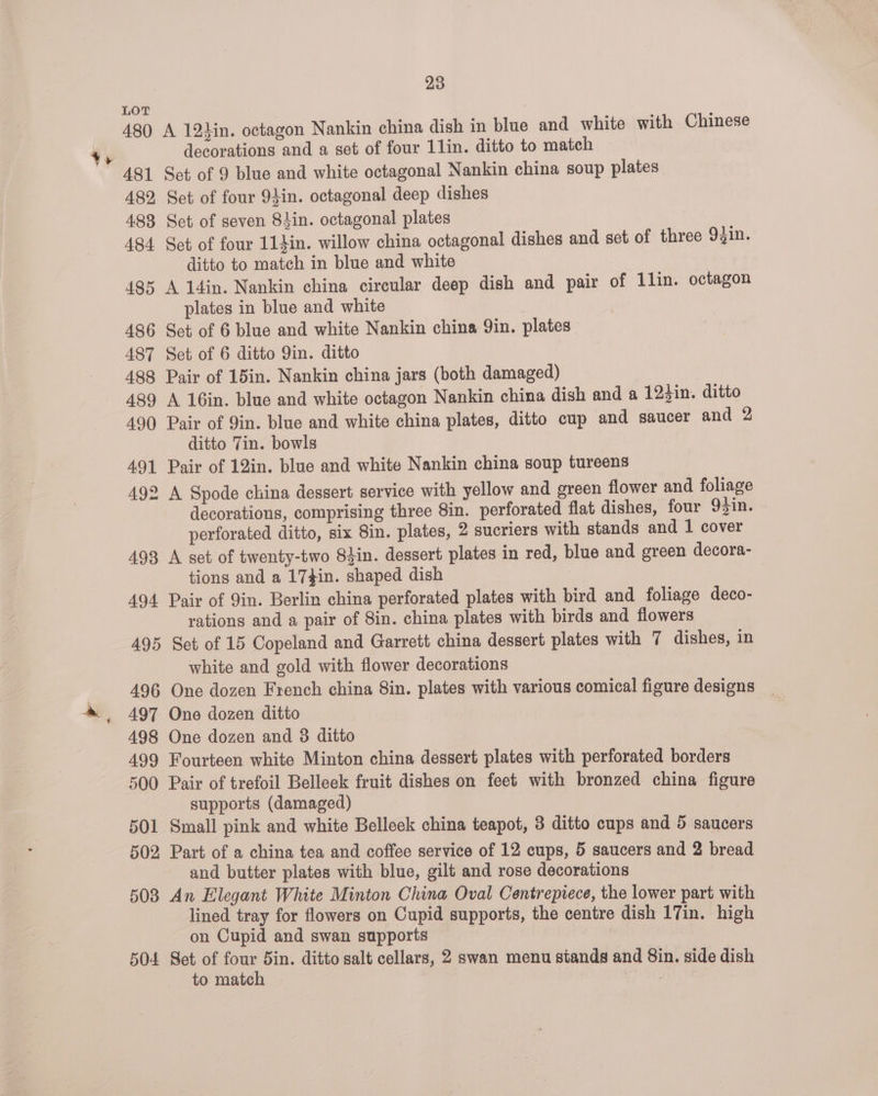 LOT 480 A 12in. octagon Nankin china dish in blue and white with Chinese decorations and a set of four 11in. ditto to match — 481 Set of 9 blue and white octagonal Nankin china soup plates 482 Set of four 94in. octagonal deep dishes 483 Set of seven 8in. octagonal plates 484 Set of four 114in. willow china octagonal dishes and set of three 93in. ditto to match in blue and white 485 A 14in. Nankin china circular deep dish and pair of 1lin. octagon plates in blue and white | 486 Set of 6 blue and white Nankin china Qin. plates 487 Set of 6 ditto 9in. ditto 488 Pair of 15in. Nankin china jars (both damaged) 489 A 16in. blue and white octagon Nankin china dish and a 123in. ditto 490 Pair of Qin. blue and white china plates, ditto cup and saucer and 2 ditto Tin. bowls 491 Pair of 12in. blue and white Nankin china soup tureens 492 A Spode china dessert service with yellow and green flower and foliage decorations, comprising three 8in. perforated flat dishes, four 93in. perforated ditto, six Sin. plates, 2 sucriers with stands and 1 cover 493 A set of twenty-two 8din. dessert plates in red, blue and green decora- tions and a 174in. shaped dish 3 | 494 Pair of Yin. Berlin china perforated plates with bird and foliage deco- rations and a pair of Sin. china plates with birds and flowers 495 Set of 15 Copeland and Garrett china dessert plates with 7 dishes, in white and gold with flower decorations 496 One dozen French china Sin. plates with various comical figure designs 497 One dozen ditto 498 One dozen and 3 ditto 499 Fourteen white Minton china dessert plates with perforated borders 500 Pair of trefoil Belleek fruit dishes on feet with bronzed china figure supports (damaged) 501 Small pink and white Belleek china teapot, 3 ditto cups and 5 saucers 502 Part of a china tea and coffee service of 12 cups, 5 saucers and 2 bread and butter plates with blue, gilt and rose decorations 508 An Elegant White Minton China Oval Centrepiece, the lower part with lined tray for flowers on Cupid supports, the centre dish 17in. high on Cupid and swan supports 504 Set of four din. ditto salt cellars, 2 swan menu stands and 8in. side dish to match ;
