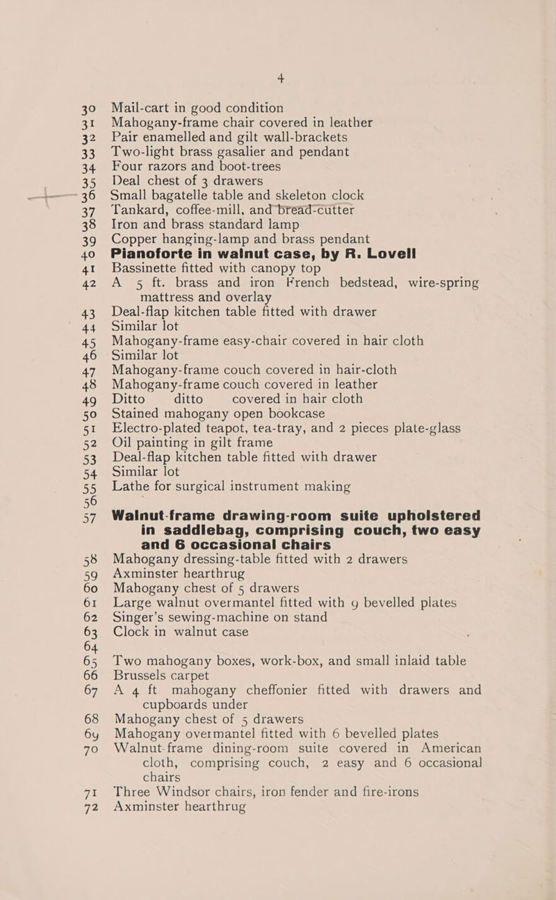 Mail-cart in good condition Mahogany-frame chair covered in leather Pair enamelled and gilt wall-brackets Two-light brass gasalier and pendant Four razors and boot-trees Deal chest of 3 drawers Small bagatelle table and skeleton clock Tankard, coffee-mill, and bread-cutter Iron and brass standard lamp Copper hanging-lamp and brass pendant Pianoforte in walnut case, by R. Lovell Bassinette fitted with canopy top A 5 ft. brass and iron French bedstead, wire-spring mattress and overlay Deal-flap kitchen table fitted with drawer Similar lot Mahogany-frame easy-chair covered in hair cloth Similar lot Mahogany-frame couch covered in hair-cloth Mahogany-frame couch covered in leather Ditto ditto covered in hair cloth Stained mahogany open bookcase Electro-plated teapot, tea-tray, and 2 pieces plate-glass Oil painting in gilt frame Deal-flap kitchen table fitted with drawer Similar lot Lathe for surgical instrument making Walnut-frame drawing-room suite upholstered in saddlebag, comprising couch, two easy and 6 occasional chairs Mahogany dressing-table fitted with 2 drawers Axminster hearthrug Mahogany chest of 5 drawers Large walnut overmantel fitted with g bevelled plates Singer’s sewing-machine on stand Clock in walnut case Two mahogany boxes, work-box, and small inlaid table Brussels carpet A 4 ft mahogany cheffonier fitted with drawers and cupboards under Mahogany chest of 5 drawers Mahogany overmantel fitted with 6 bevelled plates Walnut-frame dining-room suite covered in American cloth, comprising couch, 2 easy and 6 occasional chairs Three Windsor chairs, iron fender and fire-irons Axminster hearthrug