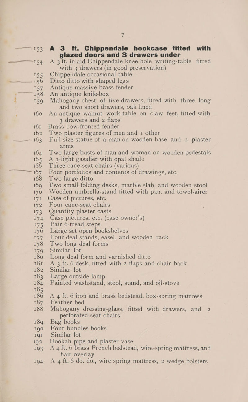 oe) toy 159 160 161 162 164 165 166 168 169 170 171 172 7 Lye S 176 sy) 178 179 180 181 182 183 184 185 186 187 188 189 Igo IgI 192 #95 i A 3 ft. Chippendale bookcase fitted with glazed doors and 3 drawers under A 3 ft. inlaid Chippendale knee hole writing-table fitted with 3 drawers (in good preservation) Chippendale occasional table Ditto ditto with shaped legs Antique massive brass fender An antique knife-box Mahogany chest of five drawers, fitted with three long and two short drawers, oak lined An antique walnut work-table on claw feet, fitted with 3 drawers and 2 flaps Brass bow-fronted fender Two plaster figures of men and 1 other Full-size statue of a man on wooden base and 2 plaster arms Two large busts of man and woman on wooden pedestals A 3-light gasalier with opal shade Three cane-seat chairs (various) Four portfolios and contents of drawings, etc. Two large ditto Two small folding desks, marble slab, and wooden stool Wooden umbrella-stand fitted with pan, and towel-airer Case of pictures, etc. Four cane-seat chairs Quantity plaster casts Case pictures, etc. (case owner’s) Pair 6-tread steps Large set open bookshelves Four deal stands, easel, and wooden rack Two long deal forms Similar lot Long deal form and varnished ditto A 3 ft. 6 desk, fitted with 2 flaps and chair back Similar lot Large outside lamp Painted washstand, stool, stand, and oil-stove A 4 ft. 6 iron and brass bedstead, box-spring mattress Feather bed Mahogany dressing-glass, fitted with drawers, and 2 perforated-seat chairs Bag books Four bundles books Similar lot Hookah pipe and plaster vase A 4 ft. 6 brass French bedstead, wire-spring mattress, and hair overlay
