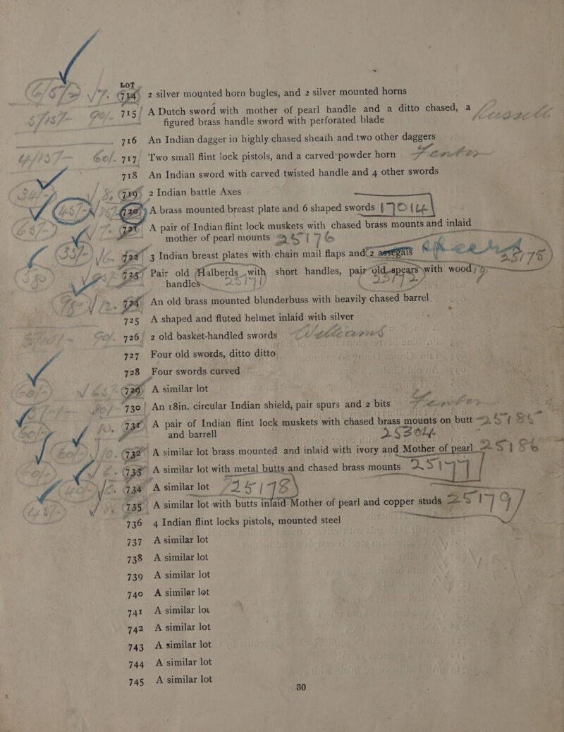 ~ a Lot a fo. \/7, i) 2 silver mounted horn bugles, and 2 silver mounted horns : 715 ' A Dutch sword with mother of pearl handle and a ditto chased, a figured brass handle sword with perforated blade CCCP AA 716 An Indian dagger in highly chased sheath and two other daggers 4 -©/. 717, Two small flint lock pistols, and a carved’ powder horn a ri @2 we : 718 An Indian sword with carved twisted handle and 4 other swords : wy 2 Indian battle Axes 28) A brass mounted breast plate and 6 shaped swords | 7} © ive | _ 3% A pair of Indian flint lock muskets with chased brass mounts and inlaid Ai’ at mother of pearl mounts b- he (76 fi ISf) Hy. pe e Indian breast plates with-chain mail flaps andlz a « re a hie 76) vw ir 8 * Pair old alberds with short handles, pay ee woody te ee Vit handles~ Wher my A / a) “An old brass iaoniad blunderbuss with eae chased Gace 725 A shaped and fluted helmet inlaid with silver 726 2 old basket-handled swords ~_.¢ @© Ce caper 727 Four old swords, ditto ditto 2. 728 Four swords curved 26 f A similar lot yl ; Cyl” / of enter h E> vl *130} An 18in. circular Indian shield, pair spurs and 2 bits : y ye A pair of Indian flint lock muskets with chased brass mounts. on. butt zt aa { .~ VE: and barrell > 53 Lf. ‘ le Z  A similar lot brass mounted and inlaid with ivory and Mother of pearl a S Se” SE (A similar lot with metal butts and chased brass mounts —_ S. | m7 i . ‘A similar lot 74 bee | 718 135 A similar lot with butts inlaid Mother of pearl and ae studs ro 19 vid canieese 4 Indian flint locks pistols, mounted steel 737 Asimilar lot 738 <A similar lot 739 =A similar lot 740 A similar lot 741 A similar lov 742 <A similar lot 743 A similar lot 744 A similar lot 745 A similar lot