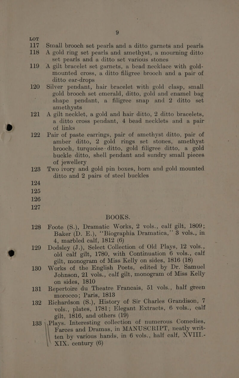 117 118 119 120 121 122 123 124 125 126 127 128 129 130 131 1382 9 Small brooch set pearls and a ditto garnets and pearls A gold ring set pearls and amethyst, a mourning ditto set pearls and a ditto set various stones A gilt bracelet set garnets, a bead necklace with gold- mounted cross, a ditto filigree brooch and a pair of ditto ear-drops Silver pendant, hair bracelet with gold clasp, small gold brooch set emerald, ditto, gold and enamel bag shape pendant, a filigree snap and 2 ditto set amethysts A gilt necklet, a gold and hair ditto, 2 ditto bracelets, a ditto cross pendant, 4 bead necklets and a pair of links Pair of paste earrings, pair of amethyst ditto, pair of amber ditto, 2 gold rings set stones, amethyst brooch, turquoise: ditto, gold filigree ditto, a gold _ buckle ditto, shell pendant and sundry small pieces. of jewellery Two ivory and gold pin boxes, horn and gold mounted. ditto and 2 pairs of steel buckles BOOKS. Foote (S.), Dramatic Works, 2 vols., calf gilt, 1809; Baker (D. E.), ‘‘Biographia Dramatica,’’ 3 vols., in 4, marbled calf, 1812 (6) Dodsley (J.), Select Collection of Old Plays, 12 vols., old calf gilt, 1780, with Continuation 6 vols., calf gilt, monogram of Miss Kelly on sides, 1816 (18) Works of the English Poets, edited by Dr. Samuel Johnson, 21 vols., calf gilt, monogram of Miss Kelly on sides, 1810 Repertoire du Theatre Francais, 51 vols., half green morocco; Paris, 1813 Richardson (S.), History of Sir Charles Grandison, 7 vols., plates, 1781; Elegant Extracts, 6 vols., calf gilt, 1816, and others (19) Farces and Dramas, in MANUSCRIPT, neatly writ-