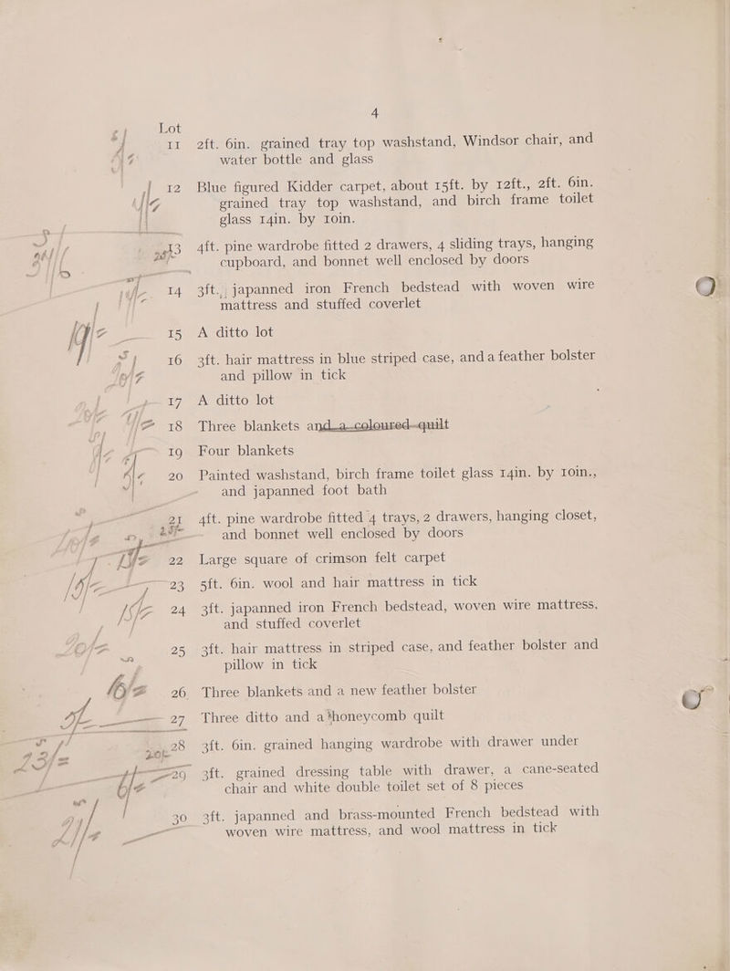 we aft. 6in. grained tray top washstand, Windsor chair, and water bottle and glass Blue figured Kidder carpet, about 15ft. by T2it., Zit. Oi. grained tray top washstand, and birch frame toilet Aft. pine wardrobe fitted 2 drawers, 4 sliding trays, hanging cupboard, and bonnet well enclosed by doors it. japanned iron French bedstead with woven wire 3ft. hair mattress in blue striped case, anda feather bolster A ditto lot Three blankets andia—_coloured—quilt Four blankets Painted washstand, birch frame toilet glass 14in. by Ioin., and japanned foot bath 4{t. pine wardrobe fitted 4 trays, 2 drawers, hanging closet, and bonnet well enclosed by doors Large square of crimson felt carpet sft. 6in. wool and hair mattress in tick 3f{t. japanned iron French bedstead, woven wire mattress, and stuffed coverlet sft. hair mattress in striped case, and feather bolster and pillow in tick Three blankets and a new feather bolster Three ditto and a*honeycomb quilt 3{t. 6in. grained hanging wardrobe with drawer under chair and white double toilet set of 8 pieces 3ft. japanned and brass-mounted French bedstead with woven wire mattress, and wool mattress in tick
