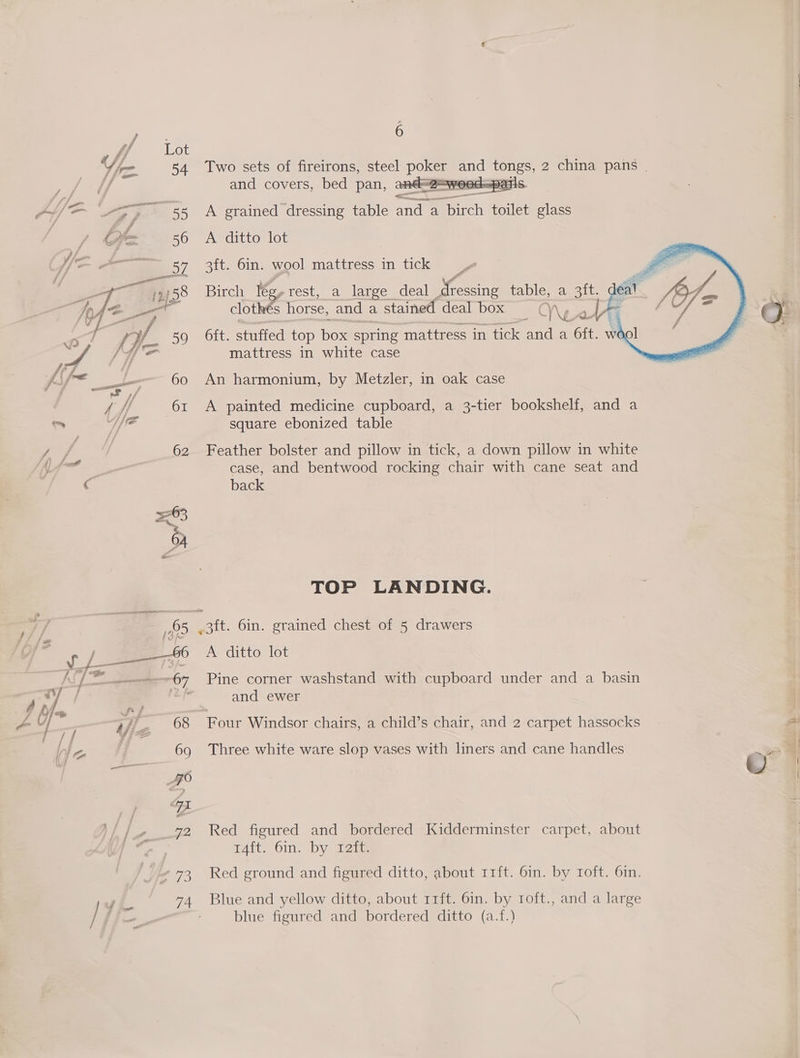 Py A Lot Ve 54 Se t= 55 6 Two sets of fireirons, steel poe and tongs, 2 china pans and covers, bed pan, am woodawe A grained dressing table eae a Bech toilet glass A*ditto lot 3ft. 6in. wool mattress in tick Birch leg, rest, a large deal “ageostineg table, a 3ft. clothés horse, and a stained deal box Veal 6{t. stuffed top box spring mattress in tick and a 6ft. wool mattress in white case oO! An harmonium, by Metzler, in oak case A painted medicine cupboard, a 3-tier bookshelf, and a square ebonized table Feather bolster and pillow in tick, a down pillow in white case, and bentwood rocking chair with cane seat and back TOP LANDING. A ditto lot Pine corner washstand with cupboard under and a basin and ewer Four Windsor chairs, a child’s chair, and 2 carpet hassocks 2 Three white ware slop vases with liners and cane handles Red figured and bordered Kidderminster carpet, about m4it--Oin. by 2m Red ground and figured ditto, about r1ft. 6in. by Toft. 6in. Blue and yellow ditto, about r1ft. 6in. by toft., and a large blue figured and bordered ditto (a.f.)