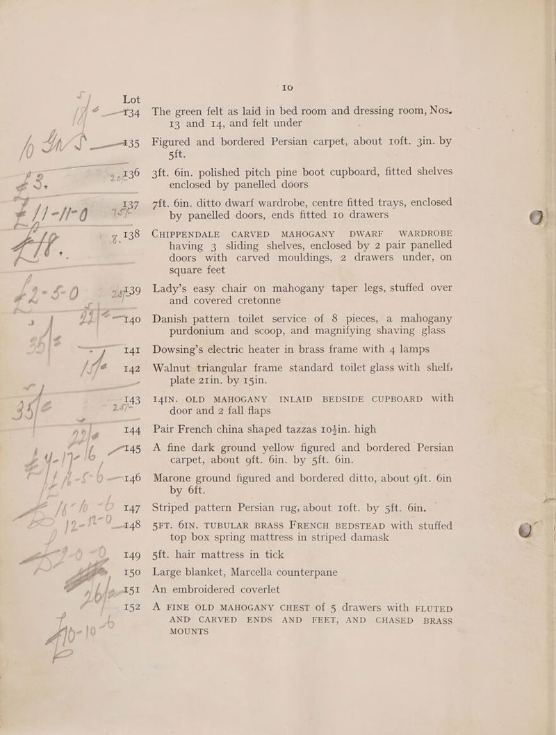 f) 7sf39 : \ — —s =a ‘ 10 The green felt as laid in bed room and dressing room, Nos. 13 and 14, and felt under Figured and bordered Persian carpet, about Ioft. 3in. by 5ift. 3ft. 6in. polished pitch pine boot cupboard, fitted shelves enclosed by panelled doors “ft. 6in. ditto dwarf wardrobe, centre fitted trays, enclosed CHIPPENDALE CARVED MAHOGANY DWARF WARDROBE having 3 sliding shelves, enclosed by 2 pair panelled doors with carved mouldings, 2 drawers under, on square feet Lady’s easy chair on mahogany taper legs, stuffed over and covered cretonne Danish pattern toilet service of 8 pieces, a mahogany purdonium and scoop, and magnifying shaving glass Dowsing’s electric heater in brass frame with 4 lamps Walnut triangular frame standard toilet glass with shelf, plate 211in. by 151n. I4IN. OLD MAHOGANY INLAID BEDSIDE CUPBOARD with door and 2 fall flaps Pair French china shaped tazzas rodin. high A fine dark ground yellow figured and bordered Persian carpet, about oft. 6in. by 5ft. 6in. Marone ground figured and bordered ditto, about oft. 6in by Oft. Striped pattern Persian rug, about toft. by 5ft. 6in. 5FT. 6IN. TUBULAR BRASS FRENCH BEDSTEAD with stuffed top box spring mattress in striped damask 5ft. hair mattress in tick Large blanket, Marcella counterpane An embroidered coverlet A FINE OLD MAHOGANY CHEST of 5 drawers with FLUTED AND: CARVED ENDS AND FEET, AND CHASED BRASS MOUNTS