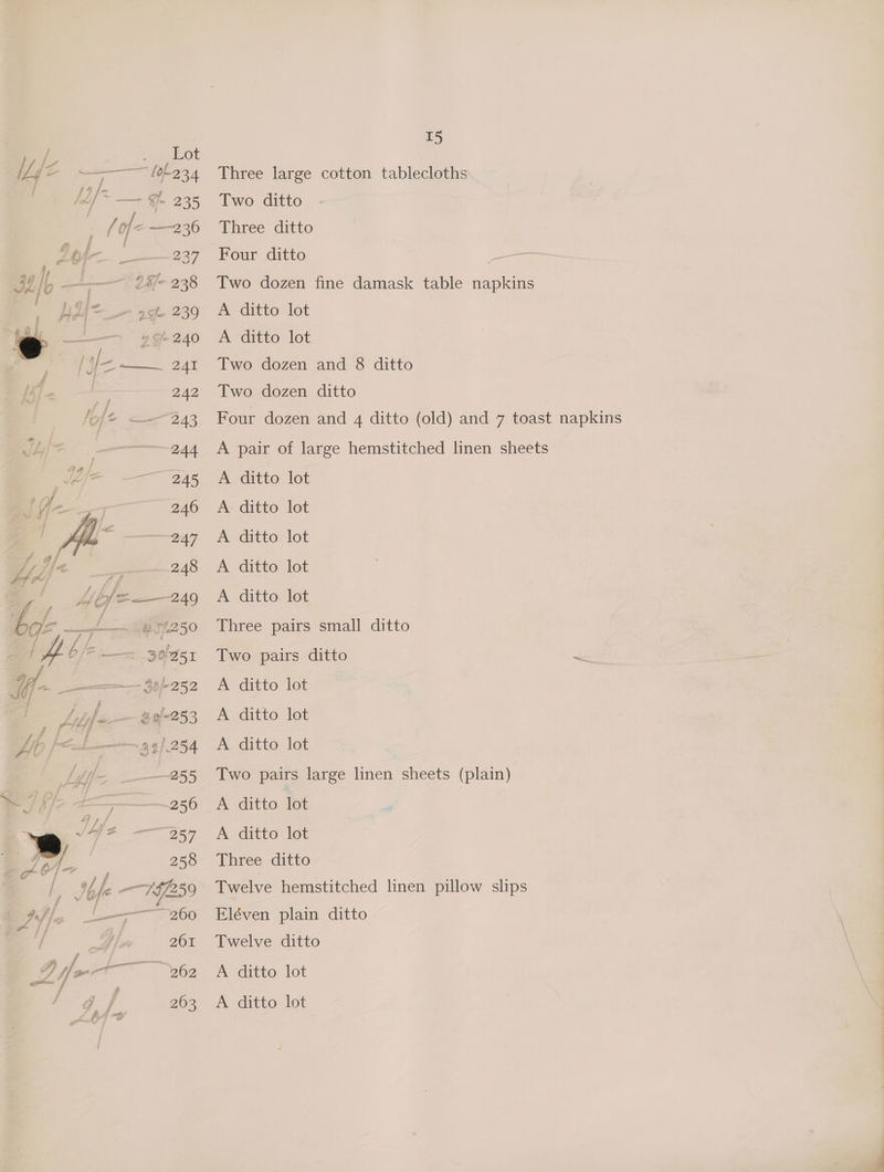 Three large cotton tablecloths Two ditto Three ditto Four ditto - Two dozen fine damask table napkins A ditto lot A ditto lot Two dozen and 8 ditto Two dozen ditto Four dozen and 4 ditto (old) and 7 toast napkins A pair of large hemstitched linen sheets A ditto lot A- ditto let A ditto lot A ditto lot A ditto lot Three pairs small ditto Two pairs ditto wits A ditto lot A ditto lot A ditto lot Lif- _-—255 Two pairs large linen sheets (plain) = 7 fe H———256 A ditto fot | a J4/z 339 A ditto lot Br . 258 Three ditto L Ibfe $7259 Twelve hemstitched linen pillow slips Aff, !——— 260 Eléven plain ditto // yf 261 Twelve ditto Dix ~ \ 267 A ditto lot gd '§ 263 A ditto lot