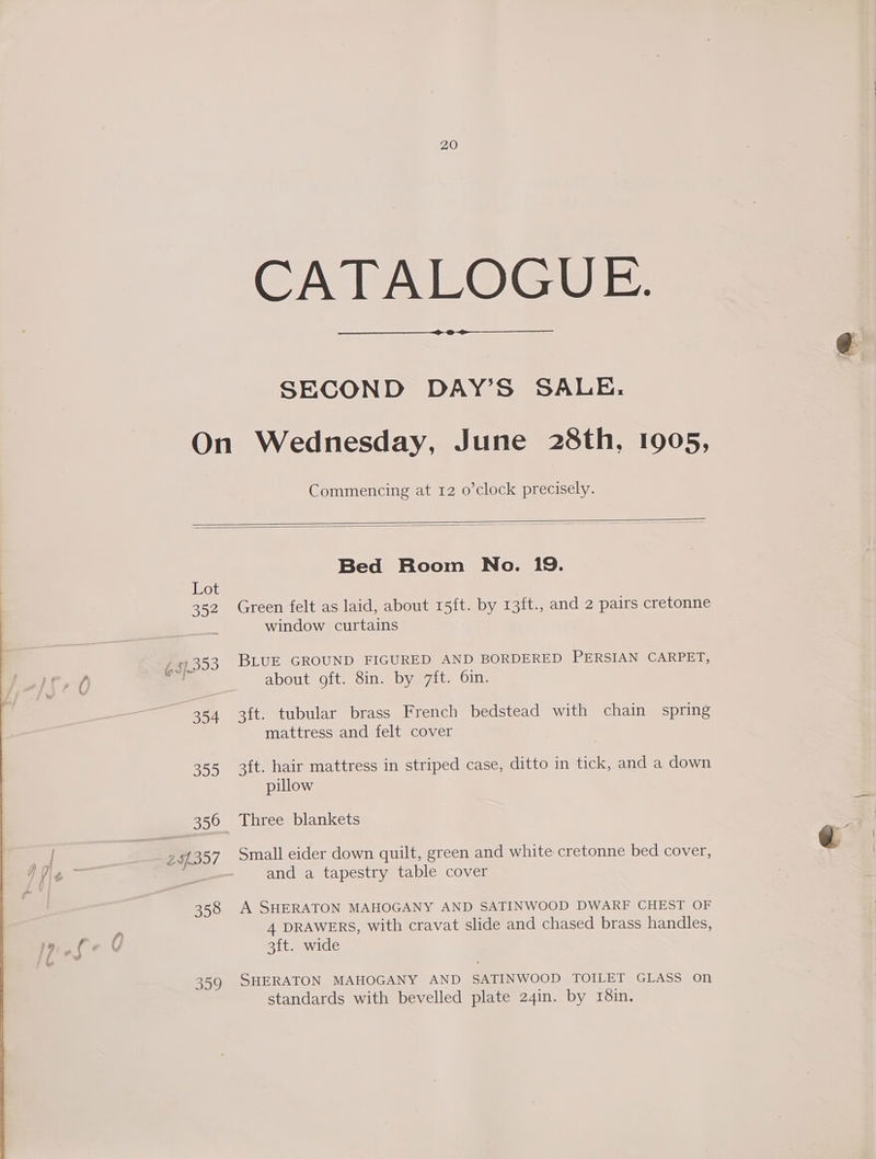CATALOGUE. SECOND DAY’S SALE. Commencing at 12 o’clock precisely. 359 Bed Hoom No. 19. Green felt as laid, about 15ft. by 13ft., and 2 pairs cretonne window curtains BLUE GROUND FIGURED AND BORDERED PERSIAN CARPET, about oft. 8in. by_7ft. 6in. 3ft. tubular brass French bedstead with chain spring mattress and felt cover 3ft. hair mattress in striped case, ditto in tick, and a down pillow Three blankets Small eider down quilt, green and white cretonne bed cover, and a tapestry table cover A SHERATON MAHOGANY AND SATINWOOD DWARF CHEST OF 4 DRAWERS, with cravat slide and chased brass handles, 3ft. wide SHERATON MAHOGANY AND SATINWOOD TOILET GLASS on standards with bevelled plate 24in. by 18in.