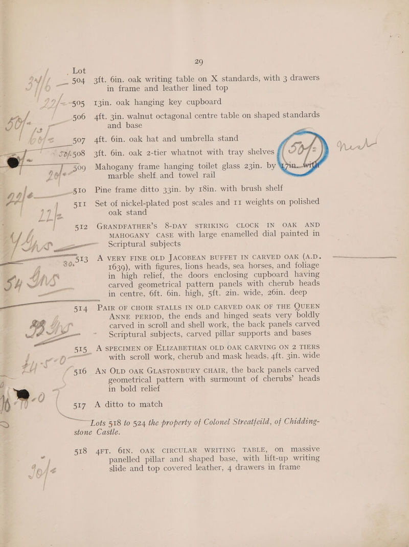 df// 304 3 ft. Gin. oak writing table on X standards, with 3 drawers {fo . | in frame and leather lined top ges /~-505 13in. oak hanging key cupboard 2 / 506 ft. 3in. walnut octagonal centre table on shaped standards 4G) — and base Mi 507 Aft. 6in. oak hat and umbrella stand , ee : ; ; rf f /W- rd ss 50/508 3ft. 6in. oak 2-tier whatnot with tray shelves j/ a 4 Y . Fae 509 Mahogany frame hanging toilet glass 23in. by 7 Lae” marble shelf. and towel rail oy | 4 Pine frame ditto 33in. by r8in. with brush shelf | oe 7 } tl Set of nickel-plated post scales and 11 weights on polished 7 2 p le § P 1] |e oak stand _ oe 512 GRANDFATHER’S 8-DAY STRIKING CLOCK IN OAK AND FA. fi, MAHOGANY CASE with large enamelled dial painted in 2 / AAD === Scriptural subjects serene 513 A VERY FINE OLD JACOBEAN BUFFET IN CARVED OAK (AD. - =e . A — 1639), with figures, lions heads, sea horses, and foliage 1 A i AS in high relief, the doors enclosing cupboard having of owe ae. carved geometrical pattern panels with cherub heads ee in centre, 6ft. 6in. high, 5ft. 2in. wide, 26in. deep _—— PAIR OF CHOIR STALLS IN OLD CARVED OAK OF THE QUEEN ANNE PERIOD, the ends and hinged seats very boldly ‘e/a carved in scroll and shell work, the back panels carved . wae” —C( ~Ssé«Scriptural subjects, carved pillar supports and bases 515 A SPECIMEN OF ELIZABETHAN OLD OAK CARVING ON 2 TIERS Fae with scroll work, cherub and mask heads, 4ft. 3in. wide gis ei ag ae + “516 AN OLD OAK GLASTONBURY CHAIR, the back panels carved 7) » geometrical pattern with surmount of cherubs’ heads in bold relief 517. A ditto to match Lots 418 to 524 the property of Colonel Streatfeild, of Chidding- stone Castle. 518 4FT. 6IN. OAK CIRCULAR WRITING TABLE, on massive panelled pillar and shaped base, with lift-up writing i . slide and top covered leather, 4 drawers in frame