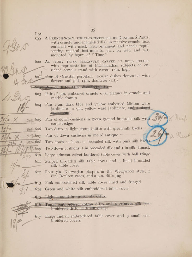Lot 599 A FRENCH 8-DAY STRIKING TIMEPIECE, BY DENIERE A Paris, with ormolu and enamelled dial, in massive ormolu case, A A] enriched with mask-head ornament and panels repre- senting musical instruments, etc., on feet, and sur- mounted by figure of “‘ Time ”’ 600 AN IVORY TAZZA ELEGANTLY CARVED IN BOLD RELIEF, /} A with representation of Bacchanalian subjects, on en- y, WN XJ - riched ormolu stand with cover, 18in. high f 60% Ree of Oriental porcelain circular dishes decorated with | yb ZU A a . flowers and en r4in. diameter (a.f.) =. ee =a, A rf Chitek€ mohot-t tye med SS ee Pair of gin. embossed ormolu oval plaques in ormolu and marble frames Pair 13in. dark blue and yellow embossed pod ware jardinieres, a gin. yellow ware jardiniere, a tmagieseasc] Pair of down cushions in green ground brocaded silk wit ‘4 corded edges - ‘ Two ditto in light pon ditto with 1 oteen silk backs Two down cushions, 1 in brocaded silk and x in silk damask — ae Large crimson velvet bordered table cover with ball fringe Striped brocaded silk table cover and a lined brocaded silk table cover . Four 7in. Norwegian plaques in the Wedgwood style, 2 6in. Doulton vases, and a gin. ditto jug Pink embroidered silk table cover lined and fringed Green and white silk embroidered table cover at far nies PEG. COLLOILALELO™ -crimson...silk™ sal 617 Large Indian embroidered table cover and 3 small em- broidered covers
