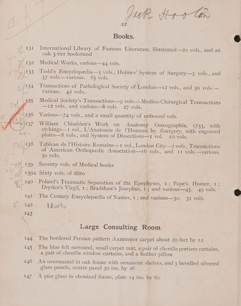 146 147 ae (12 Books. International Library of Famous Literature, illustrated —20 vols., and an oak 3-tier bookstand Medical Works, various—44 vols. Todd’s Encyclopeedia—s vols., Holmes’ System of Surgery—3 vols., and 57 vols.—various. 65 vols. Transactions of Pathological Society of London—12 vols., and 30 vols.— VanlOuss Ag VOlSas Medical Society’s Transactions—g vols.—Medico-Chirurgical Transactions —12 vols., and various—6 vols. 27 vols. Various—74 vols., and a small quantity of unbound vols, William Chiselden’s Work on Anatomy Osteographia, 1733, with etchings—1 vol., L’Anatomie de Homme, by Lourgery, with engraved plates—8 vols., and System of Dissections—1 vol. 10 vols. Tableau de l Histoire Romaine—1 vol., London City—2 vols., Transactions of American Orthopcedic Association—16 vols., and 11 vols.—various. 30 vols. Seventy vols. of Medical books Sixty vols. of ditto Poland’s Traumatic Separation of the Epephyses, 1; Popes abomer 1° Dryden’s Virgil, 1; Bradshaw’s Josephus, 1; and various—4s. 49 vols. The Century Encyclopzedia of Names, 1 ; and various—30, 31 vols. i j i 1 ? | Large Consulting Room. The bordered Persian pattern Axminster carpet about 20 feet by 12 The blue felt surround, small carpet mat, a pair of chenille portiere curtains, a pair of chenille window curtains, and a feather pillow An overmantel in oak frame with ornament shelves, and 3 bevelled silvered glass panels, centre panel 30 ins. by 26 A pier glass in ebonized frame, plate 14 ins. by 60