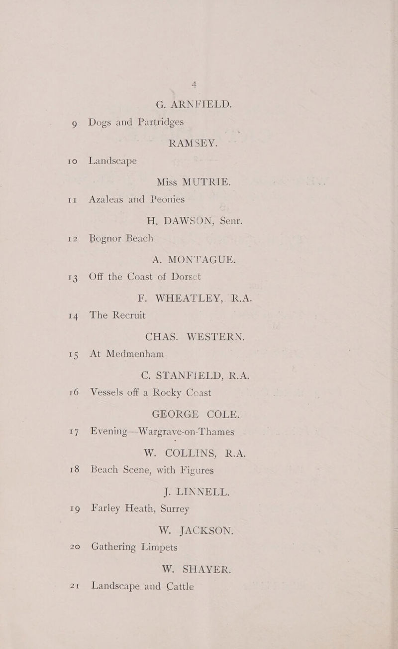 [I 13 14 tS 16 17 18 ue A G. ARNFIELD. Dogs and Partridges RAMSEY. Landscape Miss MUTRIE. Azaleas and Peonies H, DAWSON, Senr. Bognor Beach A. MONTAGUE. Off the Coast of Dorsct F. WHEATLEY, R.A. The Recruit CHAS. WESTERN. At Medmenham C. STANFIELD, B.A. Vessels off a Rocky Coast GEORGE COLE. Evening—Wargrave-on-Thames W. COLLINS, R.A. Beach Scene, with Figures J; LINNELL, Farley Heath, Surrey W. JACKSON. Gathering Limpets W. SHAYER. Landscape and Cattle