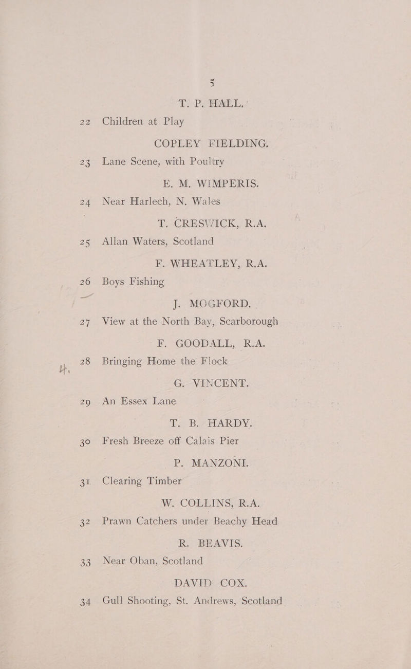 a To Pa FEAL, / Children at Play COPEEY FIELDING: 22 Lane Scene, with Poultry ao E. M. WIMPERIS. 24 Near Harlech, N. Wales | T. CRESVWICK, R.A. Allan Waters, Scotland F. WHEATLEY, R.A. 26 Boys Fishing J. MOGFORD. View at the North Bay, Scarborough F, -GOODALL, R.A. i Bringing Home the Flock G. VINCENT. An Essex Lane Tt BMARDY: Fresh Breeze off Calais Pier 30 P. MANZONI. Clearing Timber W. COLLINS, R.A: 32 Prawn Catchers under Beachy Head Rk, BEAVIS. Near Oban, Scotland DAVID COX. Gull Shooting, St. Andrews, Scotland 33