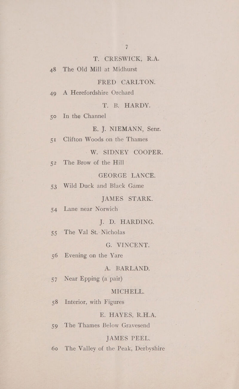 48 49 50 51 52 23 54 DD 56 ae 58 a2 60 7 T.- CRESWICK, R.A. The Old Mill at Midhurst FRED CARLTON. A Herefordshire Orchard £. BX TARDY: In the Channel E. J. NIEMANN, Senr. Clifton Woods on the Thames W. SIDNEY COOPER. The Brow of the Hill GEORGE LANCE. Wild Duck and Black Game JAMES STARK. Lane near Norwich ji. 2De Fi AR DING; The Val St.- Nicholas G. VINCENT. Evening on the Yare A. BARLAND. Near Epping (a pair) MICHELL. Interior, with Figures EE. HAVES, R.ALA The Thames Below Gravesend JAMES PEEL. The Valley of the Peak, Derbyshire