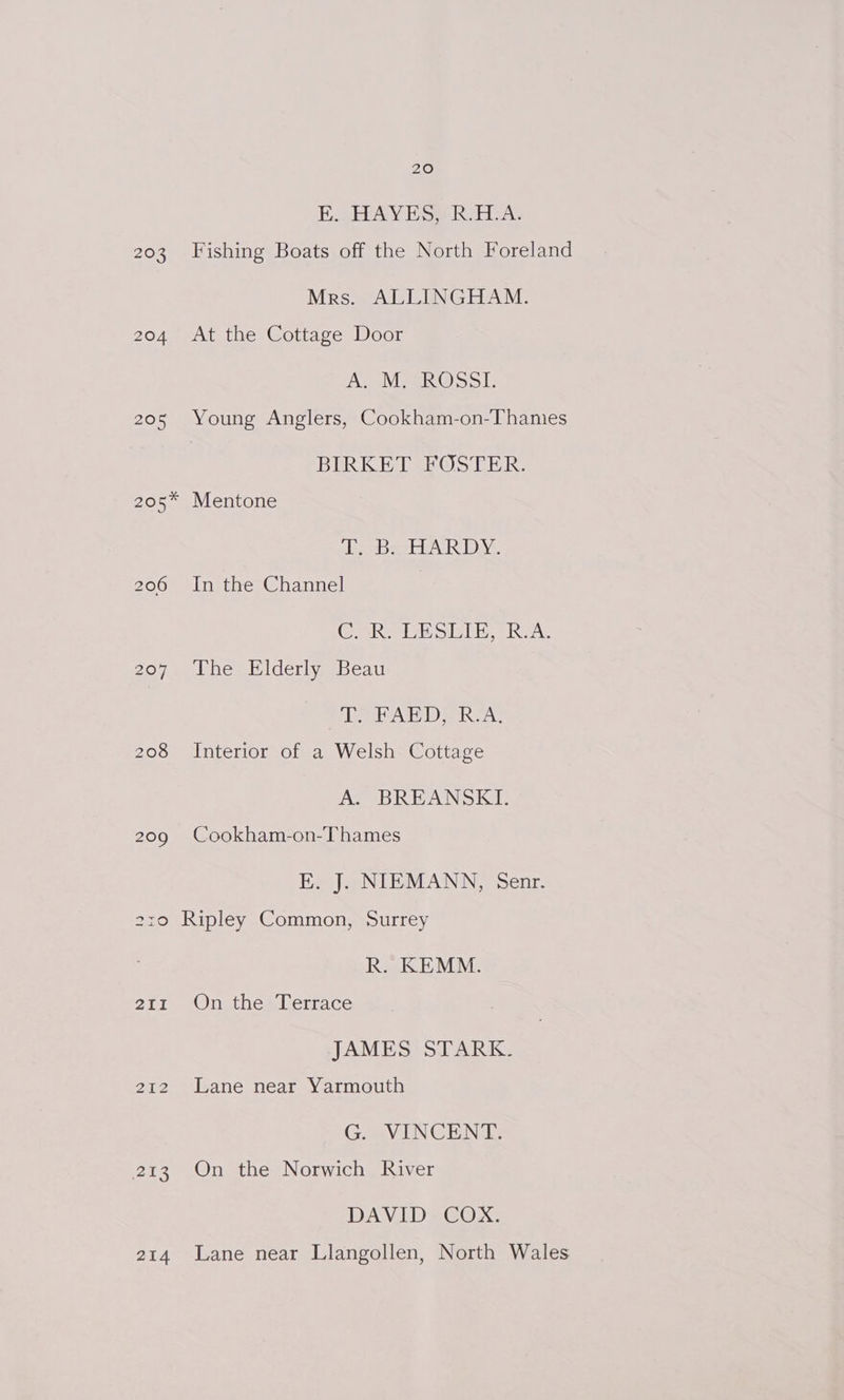 203 204 207 208 211 213 214 20 EL EEAY Es KOA; Fishing Boats off the North Foreland Mrs. ALLINGHAM. At the Cottage Door An Maen OSS |: Young Anglers, Cookham-on-Thanies BERK E TeBOSTER, Mentone T. B. HARDY. In the Channel CR it ssh SRaA: The Elderly Beau LGA eR aA. Interior of a Welsh Cottage A. BREANSKI. Cookham-on-Thames E. J. NIEMANN, Senr. Ripley Common, Surrey R. KEMM. On the Terrace JAMES STARK. Lane near Yarmouth G. VINCENT On the Norwich River DAV IDSGOX: Lane near Llangollen, North Wales
