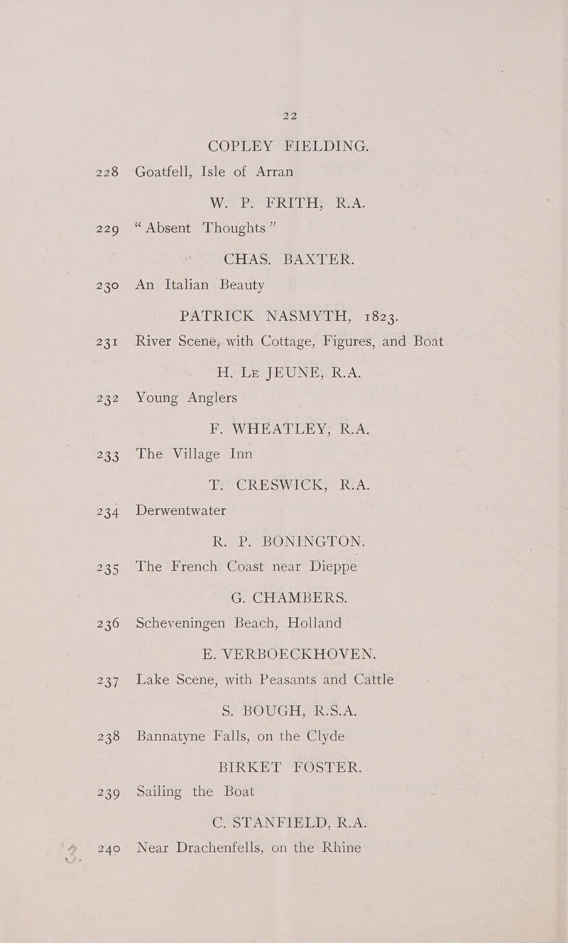 228 229 230 231 232 253 25 236 2357] 238 239 240 22 COPLEY: TEL DING: Goatfell, Isle of Arran We Pe TORT itera. “ Absent Thoughts ” CHAS. BAXTER. An Italian Beauty PRT RAS Ke INAS Ve vetetls or 23° River Scene, with Cottage, Figures, and. Boat H. Le JEUNE; R.A. Young Anglers Peal Awe hoe The Village Inn T: CRESWICK, R.A. Derwentwater R7ePS SONINGT ON, The French Coast near Dieppe G. CHAMBERS. Scheveningen Beach, Holland E. VERBOECKHOVEN. Lake Scene, with Peasants and Cattle pe Fa oh dL 5 dw Bons Kaese Sv 2 Bannatyne Falls, on the Clyde BIRKET FOSTER. Sailing the Boat es ETON Fit eas 0 Near Drachenfells, on the Rhine