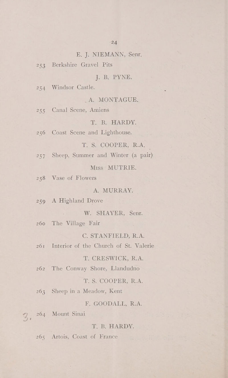 254 260 262 24 E. J. NIEMANN, Senr. Berkshire Gravel Pits 1eBe EY NES Windsor Castle. _A. MONTAGUE. Canal Scene, Amiens Ey ch eas. LY Coast Scene and Lighthouse. Te 8s). CO) PIERS gk. Sheep, Summer and Winter (a pair) Miss MUTRIE. Vase of Flowers A. MURRAY. A Highland Drove W. SHAYER, Senr. The Village Fair C. STANFIELD, R.A. Interior of the Church of St. Valerie CRESWICK, RA: The Conway Shore, Llandudno TH GOO PIGRe Bea: Sheep in a Meadow, Kent FUCOODAILI. Rad. Mount Sinai f. B. HARDY.