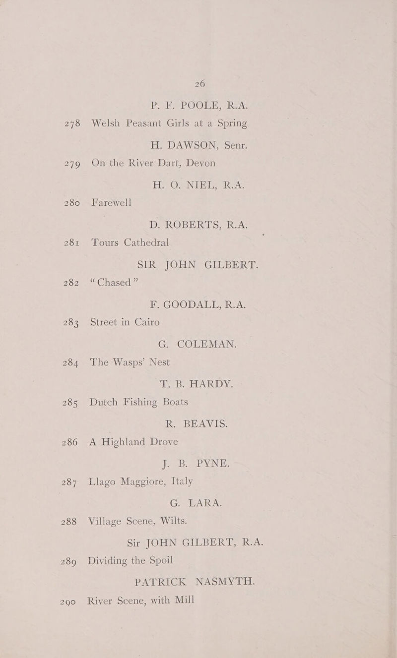 282 286 287 26 Doar OO Ghens Welsh Peasant Girls at a Spring H. DAWSON, Senr. On the River Dart, Devon EL ON EE ea Farewell D. ROBERTS, R.A. Tours Cathedral SRS OF NG Glitbr Rt: “Chased EVGOODAT SAR A: Street in Cairo G. COLEMAN. The Wasps’ Nest fielse Te DAE Be Dutch Fishing Boats R. BEAVIS. A Highland Drove lees ee Nos Las Llago Maggiore, Italy G. LARA: Village Scene, Wilts. Sirs | OHN GILBUR ISKeA Dividing the Spoil PATRICK NASMYTH. River Scene, with Mill