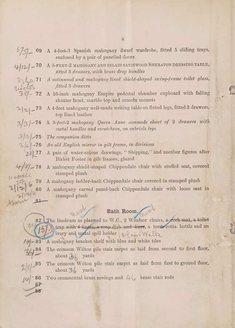 o75 _ 69 A 4-feet-3 Spanish mahogany dwarf wardrobe, fitted 5 sliding ae enclosed by a pair of panelled doors IL } _70 A 38-FEET-2 MAHOGANY AND INLAID SATINWOOD SHERATON DRESSING TABLE, 3 fitted 3 drawers, with brass drop handles 2 fx» 71 A satinwood and mahogany lined shield-shaped swing-frame torlet glass, s A “7... fitted 3 drawers ,“J- 72 A 16-inch mahogany Empire pedestal chamber cupboard with falling shutter front, marble top and ormolu mounts top lined leather 4, } 2, j-T4 A 3-feet-2 mahogany Queen Anne commode closet of 2 drawers with metal handles and escutcheon, on cabriole legs 3} z jA15 The companion ditto 4 lé f -76 Anold English mirror in gilt frame, in divisions | 2a) 77 A pair of water-colour drawings, ‘“‘ Shipping,’ and another figures after Birket Foster in gilt frames, glazed / #/_- 78 A mahogany shield-shaped Chippendale chair with stuffed seat, covered afi stamped plush aS L 79 A mahogany ladder-back Chippendale chair covered in stamped plush »,80 A mahogany carved panel-back Chippendale chair with loose seat in vit e stamped plush z ess ; Bath Room.¢ , 2 The linoleum as planned to W.C., 2 Windsor Pere cies ] 7: tray_with~4-lingts,.e-soap Jish.and—lrer, a terva<cotta bottle and an : Ae al \ KS < ae 4- 83 A fran bracket shelf with blue and white tiles ‘ata about { yards n lo)_85 The crimson Wilton pile stair eirpet as laid from first to ground floor, T about 34, yards [4] 86 ‘Two ornamental brass nosings and Li, brass stair rods i)