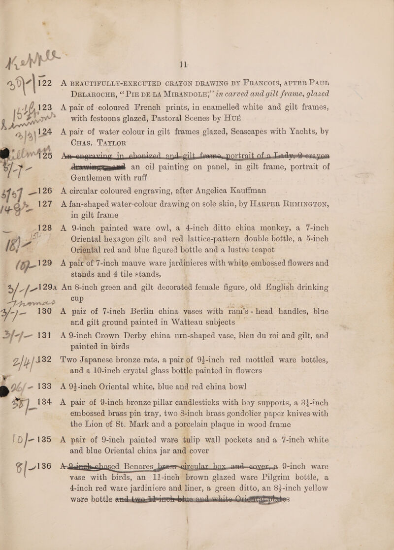 ~~ or | 122 A BEAUTIFULLY-EXECUTED CRAYON DRAWING BY FRANCOIS, AFTER PAUL DELAROCHE, “ PIE DE LA MIRANDOLE;’’ tn carved and gilt frame, glazed af A a gat iw25 ’ Jy anne an “i Faia on ee ‘in silt Pon, none ait of Gentlemen with ruff $57 _—126 A circular coloured engraving, after Angelica Kauffman / 4G 127 A fan-shaped water-colour drawing on sole skin, by HARPER REMINGTON, moO in gilt frame oe 128 A 9-inch painted ware owl, a 4-inch ditto shane monkey, a 7-inch gs is Oriental hexagon gilt and red lattice-pattern double bottle, a 5-inch | lé;7 . Oriental red and blue figured bottle and a lustre teapot (oj-' 29 A pair of 7-inch mauve ware jardinieres with white embossed flowers and = stands and 4 tile stands, | ; % f 1294 An 8-inch green and gilt decorated female ee old Enene op be ena cay Oe a-)- 130 <A pair of 7-inch Berlin china vases with ram’s - head handles, blue and gilt ground painted in Watteau subjects — 4f-j—- 131 A 9-inch Crown Derby china urn-shaped vase, bleu du roi and gilt, and painted in birds Z}}p/132 Two Japanese bronze rats, a pair of 93-inch red mottled ware bottles, 4 | aaa and a 10-inch crystal glass bottle painted in flowers a tae A 94-inch Oriental white, blue and red china bowl A oe 4% - 134 A pair of 9-inch bronze pillar candlesticks with boy supports, a 34-inch of embossed brass pin tray, two 8-inch brass gondolier paper knives with the Lion of St. Mark and a porcelain plaque in wood frame 3 : ae ; Lyag 9- ie ware 4-inch red ware jardiniere and liner, a green ditto, an 83-inch yellow $/—136