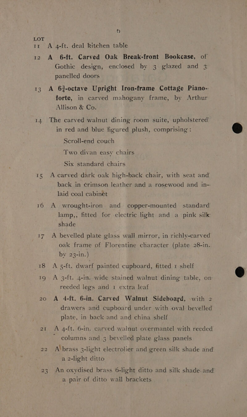 If I LS) 14 o> 16 418 19 e) A 4-ft. deal kitchen table A 6-ft. Caryed Oak Break-front Bookcase, of Gothic design, enclosed by 3 glazed and 3: panelled doors A 63-octave Upright Iron-frame Cottage Piano-- forte, in carved mahogany frame, by Arthur Allison &amp; Co. The carved walnut dining room suite, upholstered’ in red and blue figured plush, comprising : Scroll-end couch Two divan easy chairs Six standard chairs A carved dark oak high-back chair, with seat and back in ¢rimson leather and a rosewood and in- laid coal cabinet A wrought-iron and copper-mounted standard lamp,, fitted for electric light and a pink silk shade A bevelled plate glass wall mirror, in richly-carved oak frame of Florentine character (plate 28-in.. by 23-in.) A 5-ft. dwarf painted cupboard, fitted 1 shelf A 3-ft. 4-in. wide stained walnut dining table, on reeded legs and 1 extra leaf A 4-it. 6-in. Carved Walnut Sideboard, with 2 drawers and cupboard under with oval bevelled plate, in back and and china shelf columns and 3 bevelled plate glass panels A\ brass 3-light electrolier and green silk shade and a 2-light ditto An oxydised brass 6-light ditto and silk shade. and a pair of ditto wall brackets |