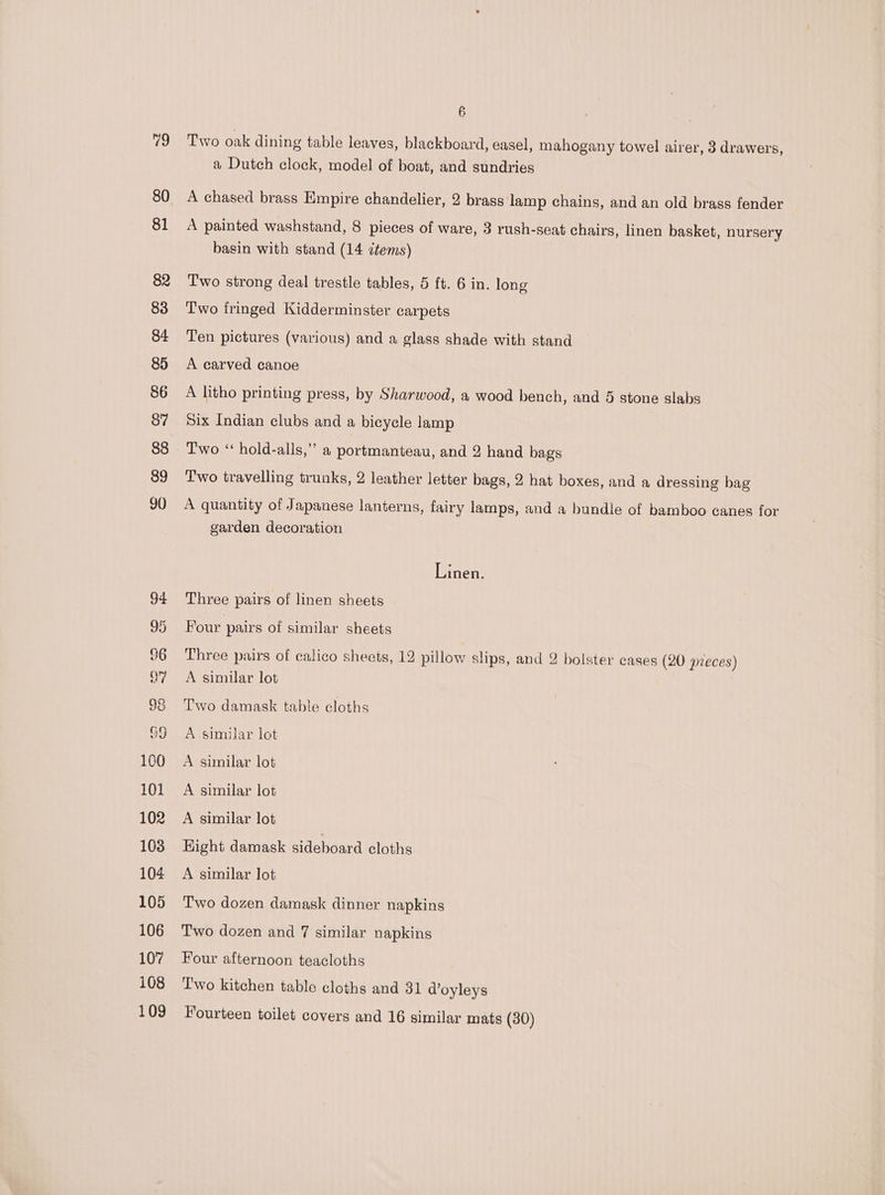 Two oak dining table leaves, blackboard, easel, mahogany towel airer, 3 drawers, a Dutch clock, model of boat, and sundries A chased brass Empire chandelier, 2 brass lamp chains, and an old brass fender A painted washstand, 8 pieces of ware, 3 rush-seat chairs, linen basket, nursery basin with stand (14 tems) Two strong deal trestle tables, 5 ft. 6 in. long Two fringed Kidderminster carpets Ten pictures (various) and a glass shade with stand A carved canoe A litho printing press, by Sharwood, a wood bench, and 5 stone slabs Six Indian clubs and a bicycle lamp Two ‘“ hold-alls,” a portmanteau, and 2 hand bags Two travelling trunks, 2 leather letter bags, 2 hat boxes, and a dressing bag A quantity of Japanese lanterns, fairy lamps, and a bundle of bamboo canes for garden decoration Linen. Three pairs of linen sheets Four pairs of similar sheets Three pairs of calico sheets, 12 pillow slips, and 2 bolster cases (20 pieces) A similar lot Two damask table cloths A similar lot A similar lot A similar lot A similar lot Eight damask sideboard cloths A similar lot Two dozen damask dinner napkins Two dozen and 7 similar napkins Four afternoon teacloths T'wo kitchen table cloths and 31 doyleys Fourteen toilet covers and 16 similar mats (30)