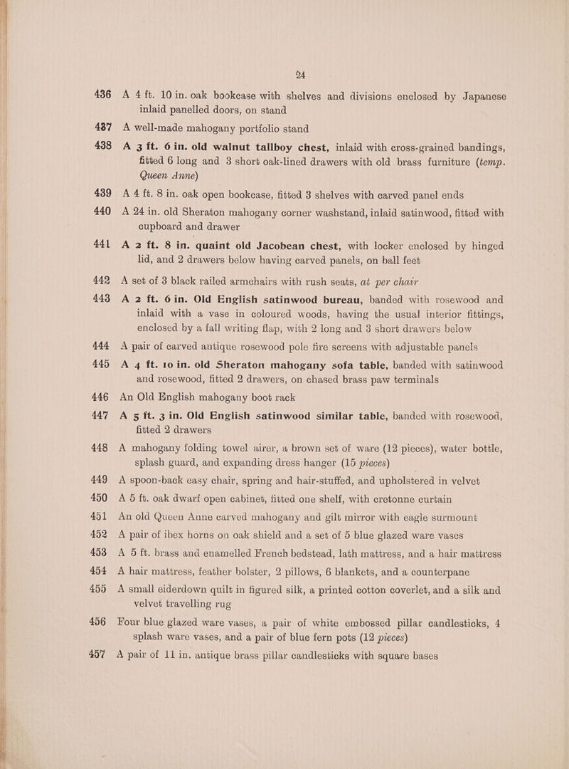 436 487 438 439 440 441 442 443 444 445 446 447 448 449 450 451 452 453 454 459 456 457 04 A 4 ft. 10 in. oak bookcase with shelves and divisions enclosed by Japanese inlaid panelled doors, on stand A well-made mahogany portfolio stand A 3 ft. 6in. old walnut tallboy chest, inlaid with cross-grained bandings, fitted 6 long and 3 short oak-lined drawers with old brass furniture (temp. Queen Anne) A 4 ft. 8 in. oak open bookcase, fitted 3 shelves with carved panel ends A 24 in. old Sheraton mahogany corner washstand, inlaid satinwood, fitted with cupboard and drawer A 2 ft. 8 in. ‘quaint old Jacobean chest, with locker enclosed by hinged lid, and 2 drawers below having carved panels, on ball feet A set of 3 black railed armchairs with rush seats, at per chatr A 2 ft. 6in. Old English satinwood bureau, banded with rosewood and inlaid with a vase in coloured woods, having the usual interior fittings, enclosed by a fall writing flap, with 2 long and 3 short drawers below A pair of carved antique rosewood pole fire screens with adjustable panels A 4 ft. to in. old Sheraton mahogany sofa table, banded with satinwood and rosewood, fitted 2 drawers, on chased brass paw terminals An Old English mahogany boot rack A 5 ft. 3 in. Old English satinwood similar table, banded with rosewood, fitted 2 drawers A mahogany folding towel airer, a brown set of ware (12 pieces), water bottle, splash guard, and expanding dress hanger (15 pieces) A spoon-back easy chair, spring and hair-stuffed, and upholstered in velvet A 5 ft. oak dwarf open cabinet, fitted one shelf, with cretonne curtain An old Queen Anne carved mahogany and gilt mirror with eagle surmount A pair of ibex horns on oak shield and a set of 5 blue glazed ware vases A 5 ft. brass and enamelled French bedstead, lath mattress, and a hair mattress A hair mattress, feather bolster, 2 pillows, 6 blankets, and a counterpane A small eiderdown quilt in figured silk, a printed cotton coverlet, and a silk and velvet travelling rug Hour blue glazed ware vases, a pair of white embossed pillar candlesticks, 4 splash ware vases, and a pair of blue fern pots (12 pieces) A pair of 11 in. antique brass pillar candlesticks with square bases