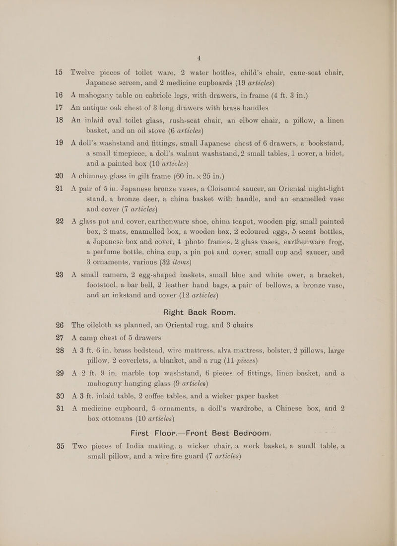 15 16 17 18 19 20 21 22 23 26 27 28 29 39 31 30 d Twelve pieces of toilet ware, 2 water bottles, child’s chair, cane-seat chair, Japanese screen, and 2 medicine cupboards (19 artecles) A mahogany table on cabriole legs, with drawers, in frame (4 ft. 3 in.) An antique oak chest of 3 long drawers with brass handles An inlaid oval toilet glass, rush-seat chair, an elbow chair, a pillow, a linen basket, and an oil stove (6 articles) A doll’s washstand and fittings, small Japanese chest of 6 drawers, a bookstand, a small timepiece, a doll’s walnut washstand, 2 small tables, 1 cover, a bidet, and a painted box (10 articles) A chimney glass in gilt frame (60 in. x 25 in.) A pair of 5 in. Japanese bronze vases, a Cloisonné saucer, an Oriental night-light stand, a bronze deer, a china basket with handle, and an enamelled vase and cover (7 articles) A glass pot and cover, earthenware shoe, china teapot, wooden pig, small painted - box, 2 mats, enamelled box, a wooden hox, 2 coloured eggs, 5 scent bottles, a Japanese box and cover, 4 photo frames, 2 glass vases, earthenware frog, a perfume bottle, china cup, a pin pot and cover, small cup and saucer, and 3 ornaments, various (32 items) A small camera, 2 egg-shaped baskets, small blue and white ewer, a bracket, footstool, a bar bell, 2 leather hand bags, a pair of bellows, a bronze vase, and an inkstand and cover (12 artacles) Right Back Room. The oilcloth as planned, an Oriental rug, and 3 chairs A camp chest of 5 drawers A 8 ft. 6 in. brass bedstead, wire mattress, alva mattress, bolster, 2 pillows, large pillow, 2 coverlets, a blanket, and a rug (11 pveces) A 2 ft. 9 in. marble top washstand, 6 pieces of fittings, linen basket, and a mahogany hanging glass (9 articles) A 8 ft. inlaid table, 2 coffee tables, and a wicker paper basket A medicine cupboard, 5 ornaments, a doll’s wardrobe, a Chinese box, and 2 box ottomans (10 articles) First Floor.—Front Best Bedroom. Two pieces of India matting, a wicker chair, a work basket, a small table, a small pillow, and a wire fire guard (7 articles)