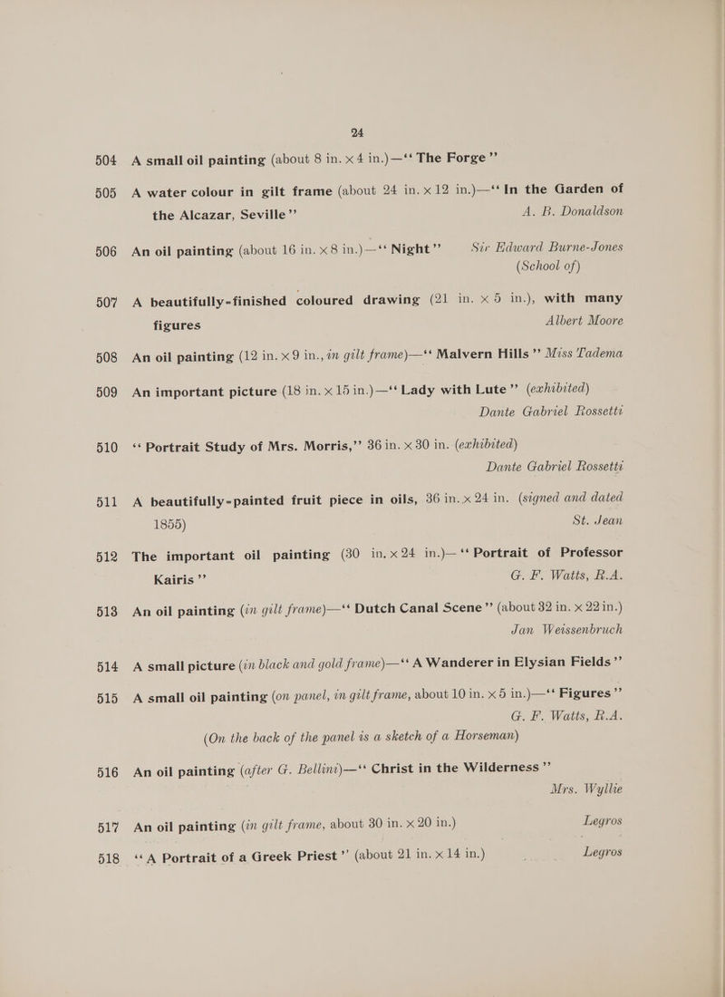 504 505 506 507 508 509 510 511 512 513 514 515 516 517 018 24 A small oil painting (about 8 in. x 4 in.)—‘‘ The Forge ”’ A water colour in gilt frame (about 24 in. x12 in.)—‘‘In the Garden of the Alcazar, Seville ’’ A. B. Donaldson An oil painting (about 16 in. x8 in.)—‘* Night” Sir Edward Burne-Jones (School of) A beautifully-finished coloured drawing (21 in. x5 in.), with many figures Albert Moore An oil painting (12 in. x9 in., in gilt frame)—‘** Malvern Hills ”’ Miss Tadema An important picture (18 in. x 15 in.)—‘* Lady with Lute” (exhibrted) Dante Gabriel Rossetts ‘‘ Portrait Study of Mrs. Morris,’’ 36 in. x 30 in. (exhabited) Dante Gabriel Rossetti A beautifully-painted fruit piece in oils, 36 in. x 24 in. (signed and dated 1855) St. Jean The important oil painting (30 in. x24 in.)—‘‘ Portrait of Professor Kairis ”’ G. F'. Waits, EA. An oil painting (77 gilt frame)—‘* Dutch Canal Scene” (about 32 in. x 22 in.) Jan Werssenbruch A small picture (in black and gold frame)—‘** A Wanderer in Elysian Fields ’”’ A small oil painting (on panel, in galt frame, about 10 in. x 5 in.)—** Figures ” G. EF. Watts, A.A. (On the back of the panel ts a sketch of a Horseman) An oil painting (after G. Bellin)—‘* Christ in the Wilderness » Mrs. Wyllie An oil painting (in gilt frame, about 30 in. x 20 in.) Legros ‘‘A Portrait of a Greek Priest” iabsont 2) in. x 14 in.) | Legros
