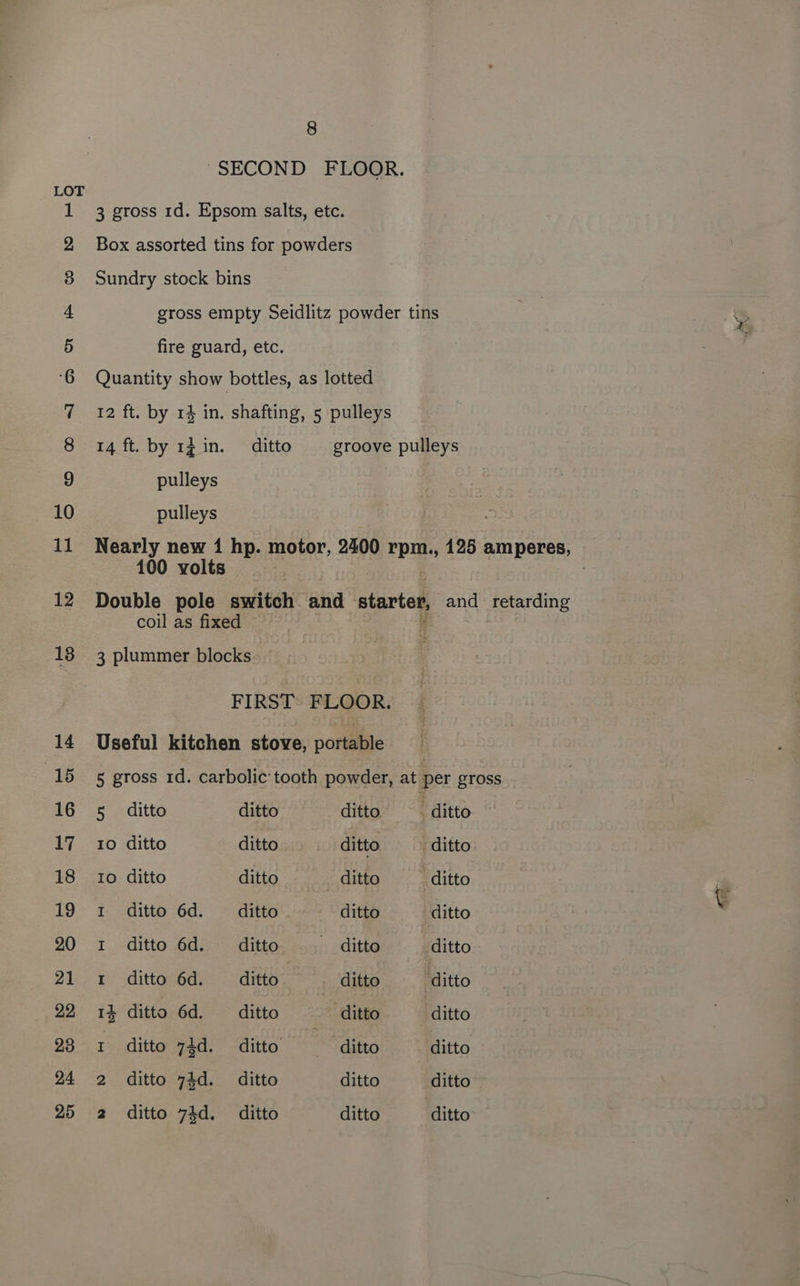 CDAD mH KR w&amp; DH HO tt - © ft bo 18 8 “SECOND FLOOR. 3 gross 1d. Epsom salts, etc. Box assorted tins for powders Sundry stock bins gross empty Seidlitz powder tins &amp; fire guard, etc. ‘ Quantity show bottles, as lotted 12 ft. by 14 in. shafting, 5 pulleys 14 ft. by rz in. ditto groove pulleys pulleys pulleys Nearly new 1 hp. motor, 2400 FP 125 amperes, 100 volts | Double pole amtiten and starter, and retarding coil as fixed 3 plummer blocks FIRST) FLOOR. Useful kitchen stove, portable 5 gross 1d. carbolic tooth powder, at per gross 5 ditto ditto ditto” ° | ditto 10 ditto ditto ditto ditto 10 ditto ditto ditto _—_ditto r 1 ditto 6d. — ditto ditto ditto I ditto 6d. ditto, <5); -ditte ditto 1 ditto 6d. ditto - ditto ditto 1% ditto 6d. ditto ‘ditto ditto 1 ditto 74d. ditto ditto — ditto 2 ditto 74d. ditto ditto ditto