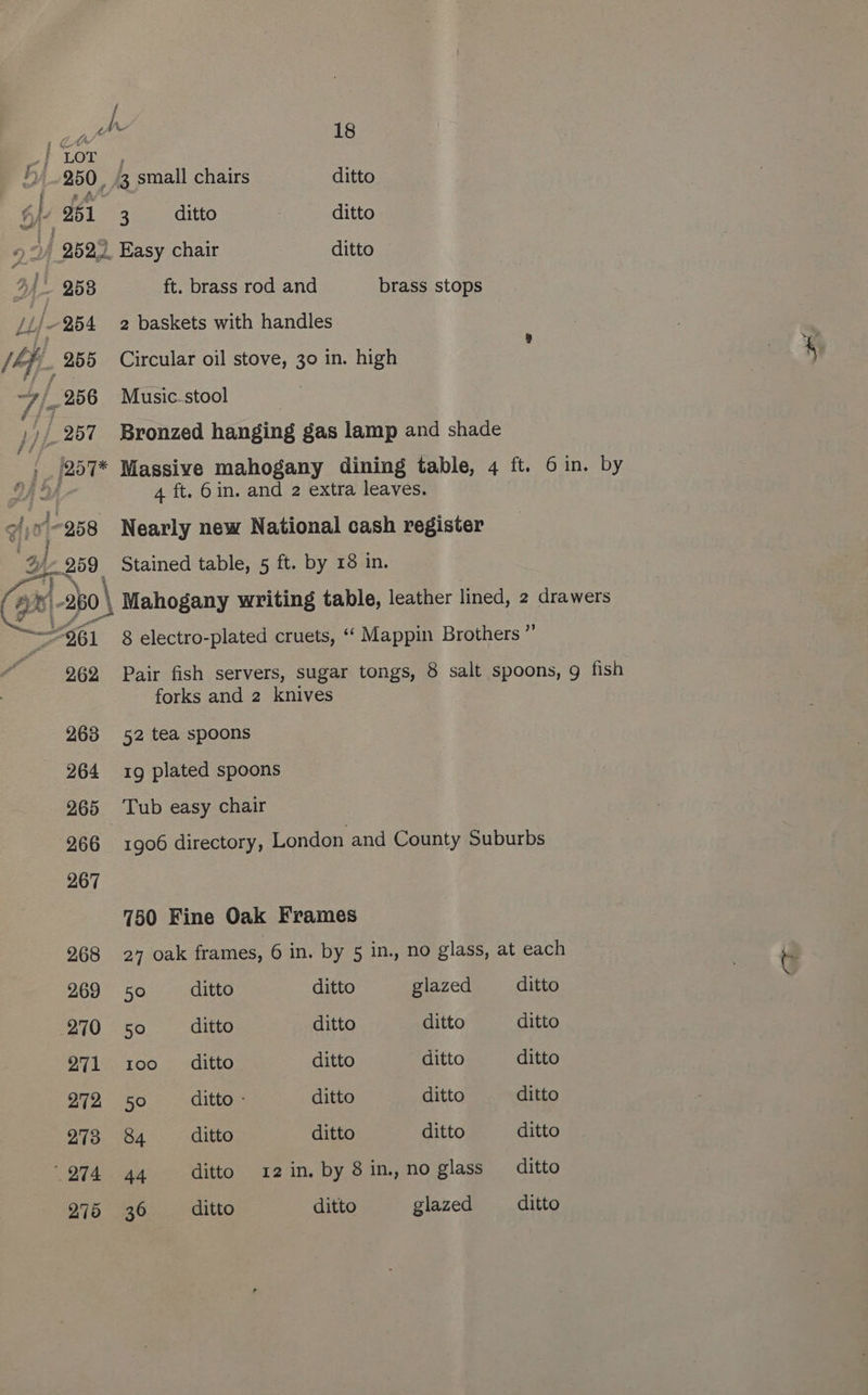 f 3 250, 3 small chairs ditto 3. ditto i cealitto ft. brass rod and brass stops 2 baskets with handles Circular oil stove, 30 in. high Music-stool } Bronzed hanging gas lamp and shade Massive mahogany dining table, 4 ft. 6in. by 4 ft. 6in. and 2 extra leaves. Nearly new National cash register Stained table, 5 ft. by 18 in. 8 electro-plated cruets, ‘‘ Mappin Brothers ” Pair fish servers, sugar tongs, 8 salt spoons, g fish forks and 2 knives 52 tea spoons 19 plated spoons Tub easy chair 1906 directory, London and County Suburbs 750 Fine Oak Frames 27 oak frames, 6 in. by 5 in., no glass, at each 50 ditto ditto glazed ditto 50 ditto ditto ditto ditto 1oo_ —._ ditto ditto ditto ditto 50 ditto - ditto ditto ditto 84 ditto ditto ditto ditto 44 ditto 12in. by 8in.,no glass ditto 36 ditto ditto glazed ditto