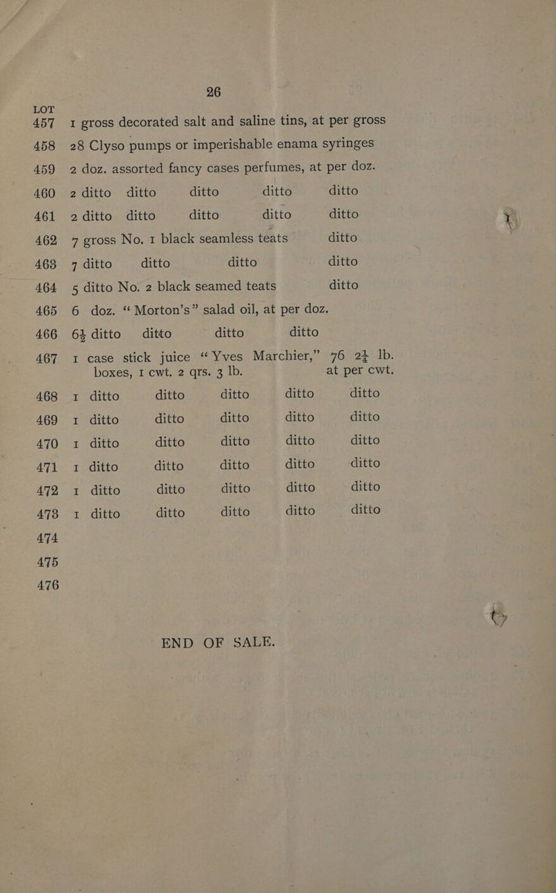 457 458 459 460 461 462 463 464 465 466 467 468 469 470 471 472 473 474 4°75 476 26 1 gross decorated salt and saline tins, at per gross 28 Clyso pumps or imperishable enama syringes 2 doz. assorted fancy cases perfumes, at per doz. aditto ditto ditto ditto ditto 2 ditto ditto ditto ditto ditto y 7 gross No. 1 black seamless teats ditto: | 7 ditto ditto ditto ditto 5 ditto No. 2 black seamed teats OD eitto 6 doz. “ Morton’s” salad oil, at per doz. 64 ditto ditto ditto ditto 1 case stick juice “Yves Marchier,” 76 2% Ib. boxes, I cwt. 2 qrs. 3 lb. at per cwt. 1 ditto ditto ditto ditto ditto 1 ditto ditto ditto ditto ditto 1 ditto ditto ditto ditto ditto 1 ditto ditto ditto ditto ditto 1 ditto ditto ditto ditto ditto 1 ditto ditto ditto ditto ditto &amp; END OF SALE.