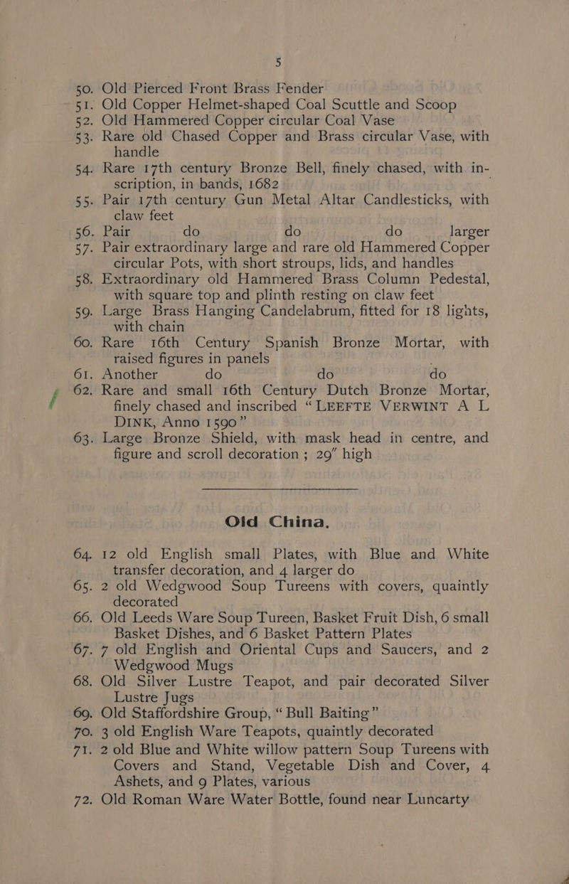 Rare old Chased Copper and Brass circular Vase, with handle scription, in bands, 1682 claw feet circular Pots, with short stroups, lids, and handles with square top and plinth resting on claw feet with chain raised figures in panels finely chased and inscribed “ LEEFTE VERWINT A L DINK, Anno 1590” figure and scroll decoration ; 29” high Oid China. 12 old English small Plates, with Blue and White transfer decoration, and 4 larger do decorated Basket Dishes, and 6 Basket Pattern Plates Wedgwood Mugs Lustre Jugs Covers and Stand, Vegetable Dish and Cover, 4 Ashets, and 9 Plates, various
