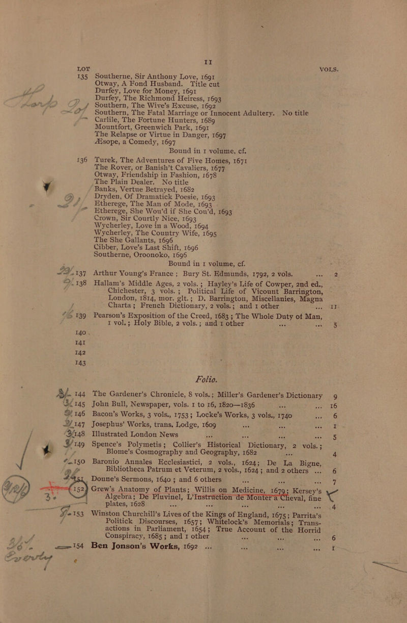 136 VOLS. Southerne, Sir Anthony Love, 1691 Otway, A Fond Husband. Title cut Durfey, The Richmond Heiress, 1693 Southern, The Fatal Marriage or Innocent Adultery. No title Carlile, The Fortune Hunters, 1689 Mountfort, Greenwich Park, 1691 The Relapse or Virtue in Danger, 1697 “Esope, a Comedy, 1697 Turek, The Adventures of Five Homes, 1671 The Rover, or Banish’t Cavaliers, 1677 Otway, Friendship in Fashion, 1678 The Plain Dealer. No title Banks, Vertue Betrayed, 1682 Dryden, Of Dramatick Poesie, 1693 Etherege, The Man of Mode, 1693 EHtherege, She Wou’d if She Coun’d, 1693 Crown, Sir Courtly Nice, 1693 Wycherley, Love in a Wood, 1694 Wycherley, The Country Wife, 1695 The She Gallants, 1696 Cibber, Love’s Last Shift, 1696 Southerne, Oroonoko, 1696 Bound in 1 volume, cf. Arthur Young’s France ; Bury St. Edmunds, 1792, 2 vols. RRL: Hallam’s Middle Ages, 2 vols.; Hayley’s Life of Cowper, 2nd ed., Chichester, 3 vols. ; Political Life of Vicount Barrington, London, 1814, mor. glt.; D. Barrington, Miscellanies, Magna Charta; French Dictionary, 2 vols.; and 1 other Segis eke Pearson’s Exposition of the Creed, 1683 ; The Whole Duty of Man, I vol.; Holy Bible, 2 vols.; and 1 other sae Pee Folio. The Gardener’s Chronicle, 8 vols.; Miller’s Gardener’s Dictionary 9 John Bull, Newspaper, vols. 1 to 16, 1820—1836 “a aie <a Bacon’s Works, 3 vols., 1753; Locke’s Works, 3 vols., 1740 pecs a Josephus’ Works, trans. Lodge, 1609 at ri eet oe Illustrated London News bat oo i eee Spence’s Polymetis; Collier’s Historical Dictionary, 2 vols. . Blome’s Cosmography and Geography, 1682 is 4 Baronio Annales Ecclesiastici, 2 vols., 1624; De La Bigne, Bibliotheca Patrum et Veterum, 2 vols., 1624; and 2 others ... 6 Algebra; De Pluvinel, L’Instruction dé Montera Cheval, fine plates, 1628 Bis in ote Ws any Winston Churchill’s Lives of the Kings of England, 1675; Parrita’s Politick Discourses, 1657; Whitelock’s Memorials; Trans- actions in Parliament, 1654; True Account of the Horrid Conspiracy, 1685; and 1 other aig ay Renae Ben Jonson’s Works, 1692 ... Si va ao