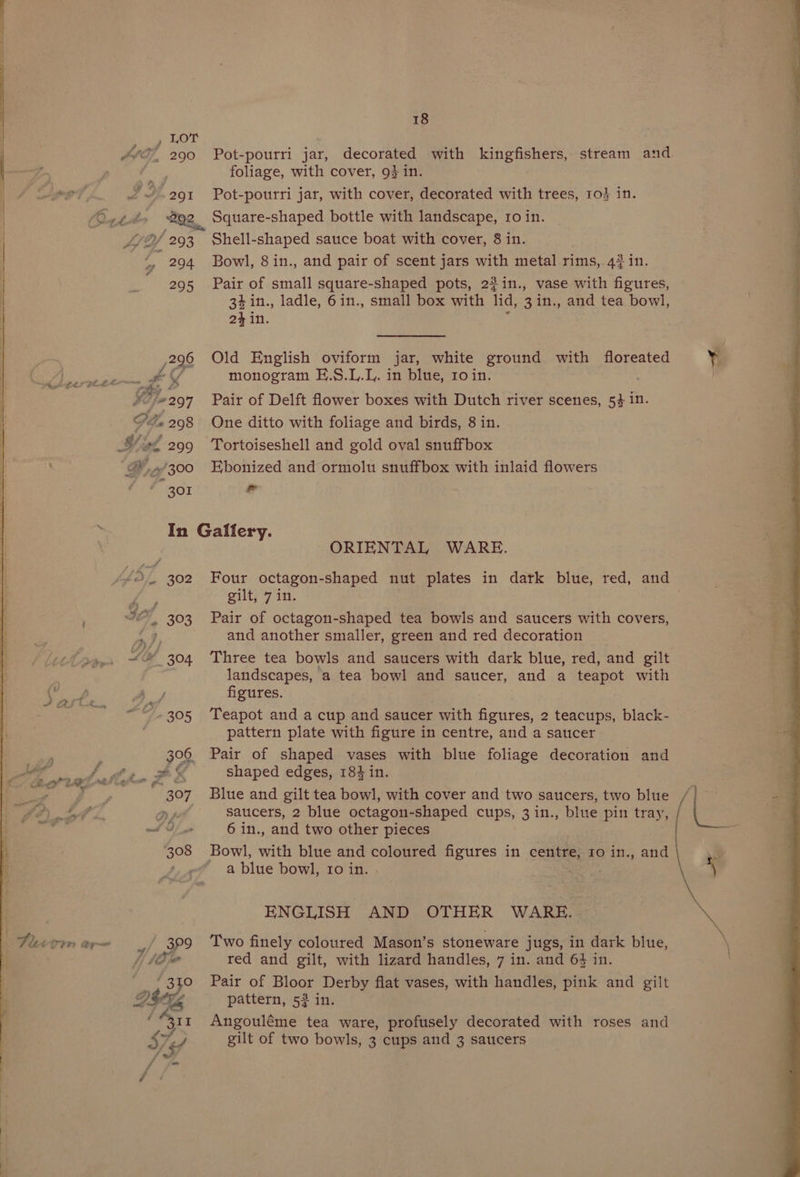 n+ --. -4-. J , L,0T A¥oF, 290 291 : © the hor 202. y ~=294 oe; 302 Gn f Fe 3°93 4H 304 ot é Sy # 7 18 Pot-pourri jar, decorated with kingfishers, foliage, with cover, 93 in Pot-pourri jar, with cover, decorated with trees, 103 in. } Square-shaped bottle with landscape, ro in. Shell-shaped sauce boat with cover, 8 in. Bowl, 8in., and pair of scent jars with metal rims, 42 in. Pair of small square-shaped pots, 22in., vase with figures, 34 in., ladle, 6in., small box with lid, 3in., and tea bowl, 24 in. ; stream and ! Old English oviform jar, white ground with floreated monogram E.S.L.L. in blue, roin. | Pair of Delft flower boxes with Dutch river scenes, 54 in. One ditto with foliage and birds, 8 in. Tortoiseshell and gold oval snuffbox Ebonized and ormolu snuffbox with inlaid flowers a” ORIENTAL WARE. Four octagon-shaped nut plates in dark blue, red, and gilt, 7 in. . Pair of octagon-shaped tea bowls and saucers with covers, and another smaller, green and red decoration Three tea bowls and saucers with dark blue, red, and gilt landscapes, a tea bowl and saucer, and a teapot with figures. Teapot and a cup and saucer with figures, 2 teacups, black- pattern plate with figure in centre, and a saucer Pair of shaped vases with blue foliage decoration and shaped edges, 184 in. Blue and gilt tea bowl, with cover and two saucers, two blue saucers, 2 blue octagon-shaped cups, 3 in., blue pin tray, / 6 in., and two other pieces Bowl, ee blue and coloured figures in centre, 10 in., and a blue bowl, 10 in. . ENGLISH AND OTHER WARE. Two finely coloured Mason’s stoneware jugs, in dark blue, red and gilt, with lizard handles, 7 in. and 64 in. Pair of Bloor Derby flat vases, with handles, pink and gilt pattern, 52 in. Angouléme tea ware, profusely decorated with roses and gilt of two bowls, 3 cups and 3 saucers