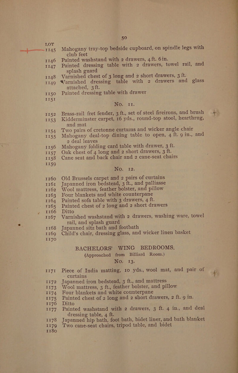tetera PA IAT TOT 1145 1146 1147 1148 1149 II50 II51 1152 1153 1154 I155 1156 1157 1158 1159 1160 I161 1162 1163 1164 TI65 1166 1167 1168 1169 1170 II7I 1172 73 1174 1175 1176 1177 1178 1179 1180 50 Mahogany tray-top bedside cupboard, on spindle legs with club feet Painted washstand with 2 drawers, 4 ft. 6in. Painted dressing table with 2 drawers, towel rail, and splash guard Varnished chest of 3 long and 2 short drawers, 3 it. @Jarnished dressing table with 2 drawers and glass attached, 3 ft. Painted dressing table with drawer Wo. 11. Brass-rail fret fender, 3 ft., set of steel fireirons, and brush Kidderminster carpet, 16 yds., round-top stool, hearthrug, and mat Two pairs of cretonne curtains and wicker angle chair Mahogany deal-top dining table to open, 4 ft. 9 in., and 2 deal leaves Mahogany folding card table with drawer, 3 it. Oak chest of 4 long and 2 short drawers, 3 ft. Cane seat and back chair and 2 cane-seat chairs Ney. 12. Old Brussels carpet and 2 pairs of curtains Japanned iron bedstead, 3 ft., and palliasse Wool mattress, feather bolster, and pillow Four blankets and white counterpane Painted sofa table with 3 drawers, 4 ft. Painted chest of 2 long and 2 short drawers Ditto Varnished washstand with 2 drawers, washing ware, towel rail, and splash guard Japanned sitz bath and footbath Child’s chair, dressing glass, and wicker linen basket BACHELORS’ WING BEDROOMS, (Approached from Billiard Room.) No. 13. Piece of India matting, 10 yds., wool mat, and pair of - curtains Japanned iron bedstead, 3 ft., and mattress Wool mattress, 3 ft., feather bolster, and pillow Four blankets and white counterpane | ees chest of 2 long and 2 short drawers, 2 ft. 9 in. itto Painted washstand with 2 drawers, 3 ft. 4 in., and deal dressing table, 4 ft. Japanned hip bath, foot bath, bidet liner, and bath blanket Two cane-seat chairs, tripod table, and bidet