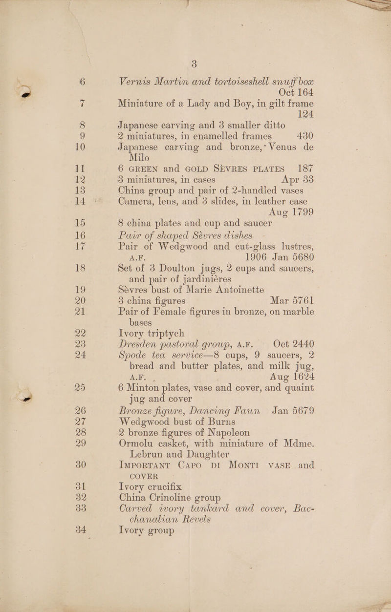 Vernis Martin and tortoiseshell snuff box Oct 164 Miniature of a Lady and Boy, in gilt frame 124 Japanese carving and 3 smaller ditto 2 miniatures, in enamelled frames 430 Japanese carving and bronze,* Venus de Milo 6 GREEN and GOLD SEVRES PLATES 187 3 miniatures, in cases Apr 33 China group and pair of 2-handled vases Camera, lens, and 3 slides, in leather case Aug 1799 8 china plates and cup and saucer Pair of shaped Sévres dishes Pair of Wedgwood and cut-glass lustres, A.F. 1906 Jan 5680 Set of 3 Doulton jugs, 2 cups and saucers, and pair of jardiniéres Sevres bust of Marie Antoinette 3 china figures Mar 5761 Pair of Female figures in bronze, on marble bases Ivory triptych | Dresden pastoral growp, A.F. Oct 2440 Spode tea service—8 cups, 9 saucers, 2 bread and butter plates, and milk jug, ALF.) , Aug 1624 6 Minton plates, vase and cover, and quaint jug and cover Bronze figure, Dancing Faun Jan 5679 Wedgwood bust of Burns 2 bronze figures of Napoleon Ormolu casket, with miniature of Mdme. Lebrun and Daughter IMPORTANT Capo DI MONTI VASE and COVER Ivory crucifix China Crinoline group Carved wory tankard and cover, Bac- chanalian Revels Ivory group