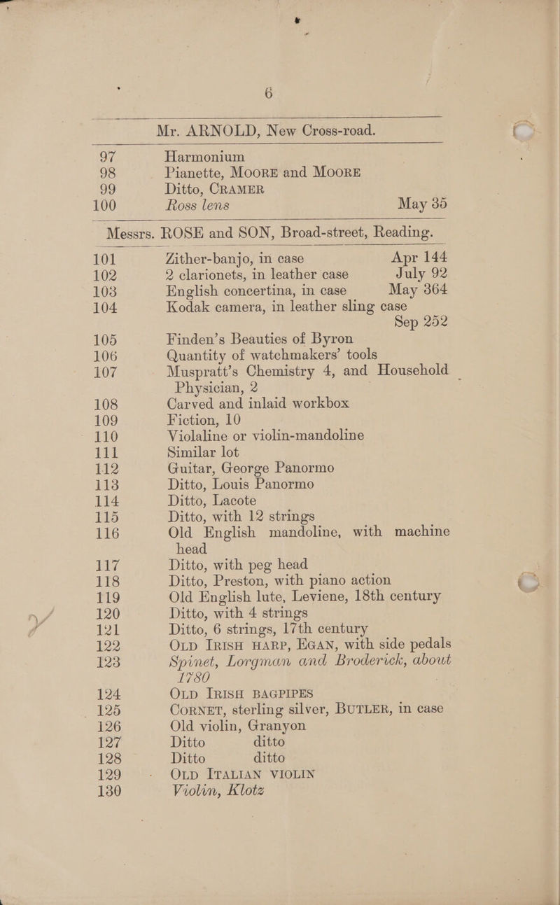 Mr. ARNOLD, New Cross-road. 97 Harmonium 98 Pianette, MoorE and MOORE 99 Ditto, CRAMER 100 Ross lens May 30 Messrs. ROSE and SON, Broad-street, Reading. 101 Zither-banjo, i case Apr 144 102 2 clarionets, in leather case July 92 103 English concertina, in case May 364 104 Kodak camera, in leather sling case Sep 252 105 Finden’s Beauties of Byron 106 Quantity of watchmakers’ tools 107 Muspratt’s Chemistry 4, and Household Physician, 2 ; 108 Carved and inlaid workbox 109 Fiction, 10 ae Violaline or violin-mandoline 111 Similar lot 112 Guitar, George Panormo 1138 Ditto, Louis Panormo 114 Ditto, Lacote 115 Ditto, with 12 strings , 116 Old English mandoline, with machine head 117 Ditto, with peg head 118 Ditto, Preston, with piano action 119 Old English lute, Leviene, 18th century 120 Ditto, with 4 strings 121 Ditto, 6 strings, 17th century 122 Oxtp Irish HARP, EGAN, with side pedals 123 Spinet, Lorgman and Broderick, about L780 124 Oup IRISH BAGPIPES ae 5 CorNET, sterling silver, BUTLER, in case 126 Old violin, Granyon 127 Ditto ditto 128 Ditto ditto 129 - OLp TTALIAN VIOLIN 130 Violon, Klotz